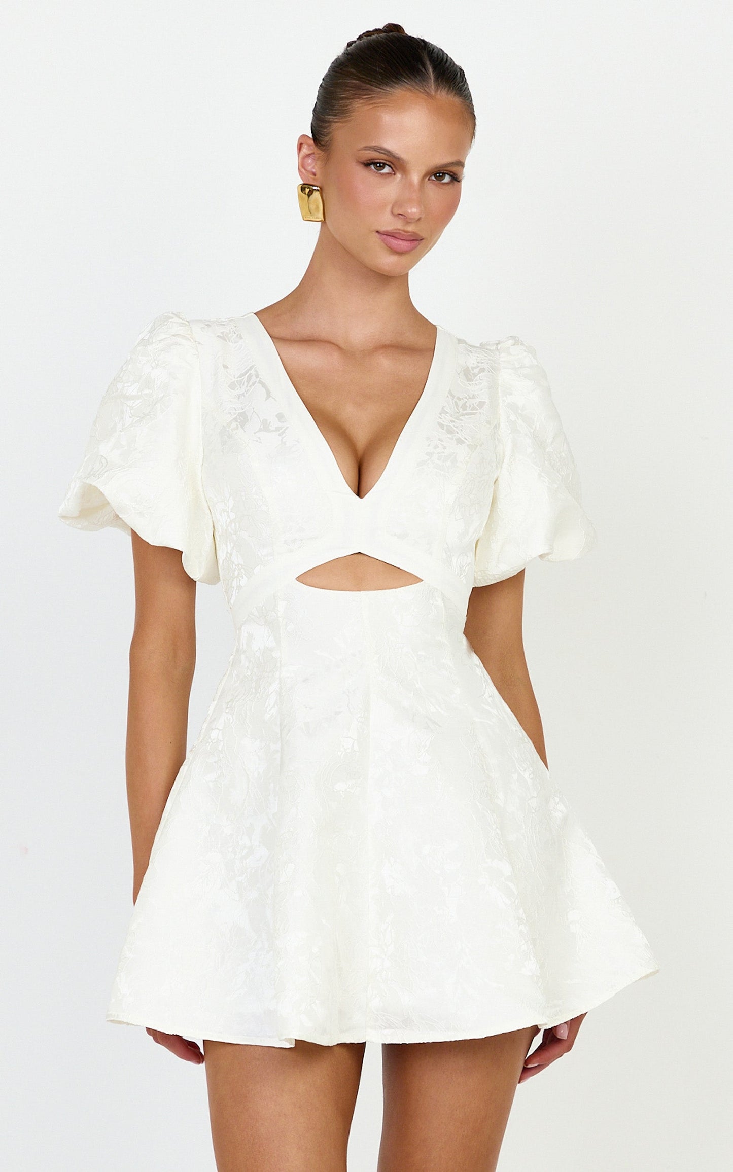 Rosalie Mini Dress - Floral Jacquard V Neck Fit and Flare Dress in White