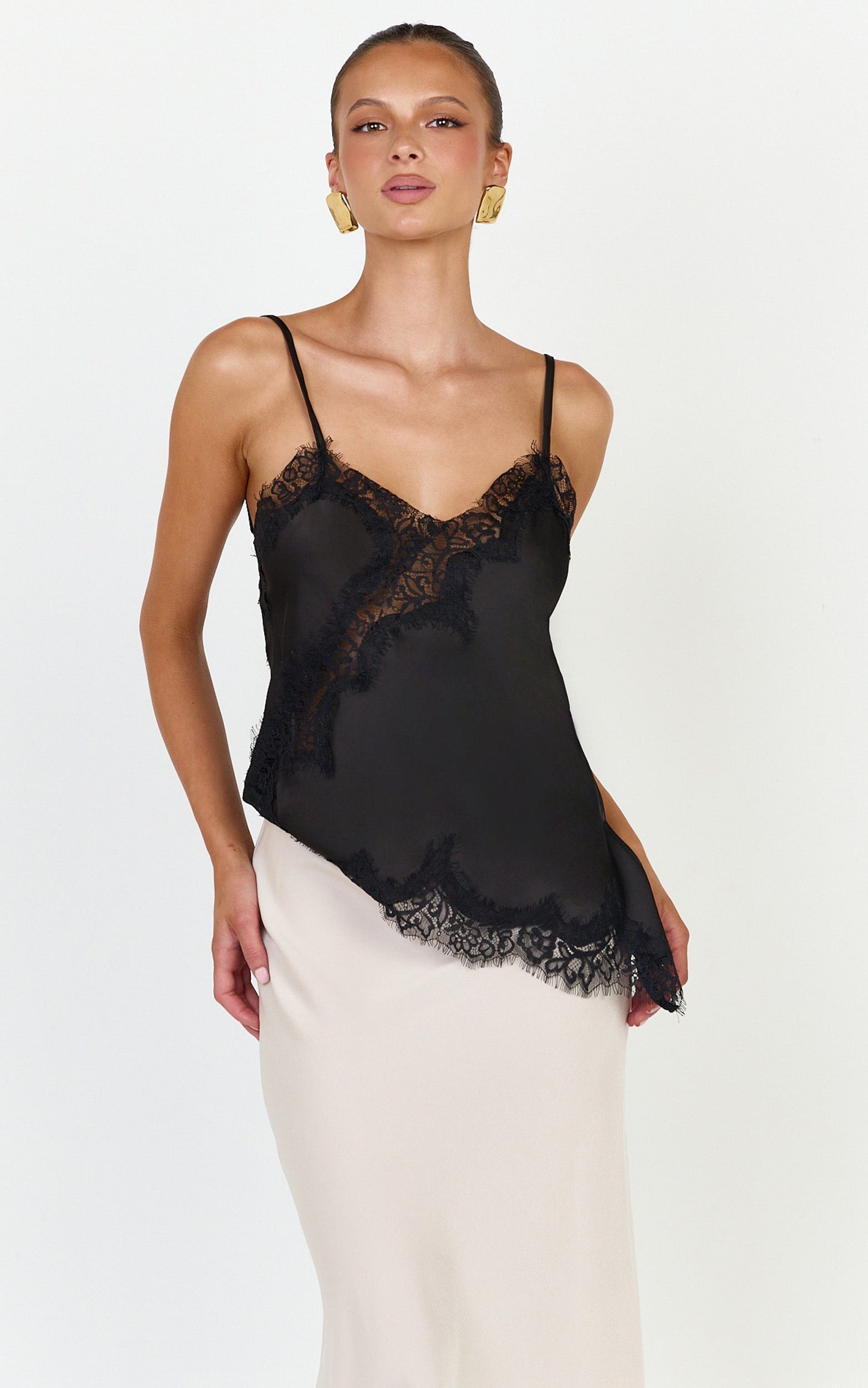 Ava Top - Lace Trim Asymmetrical Camisole Top in Black