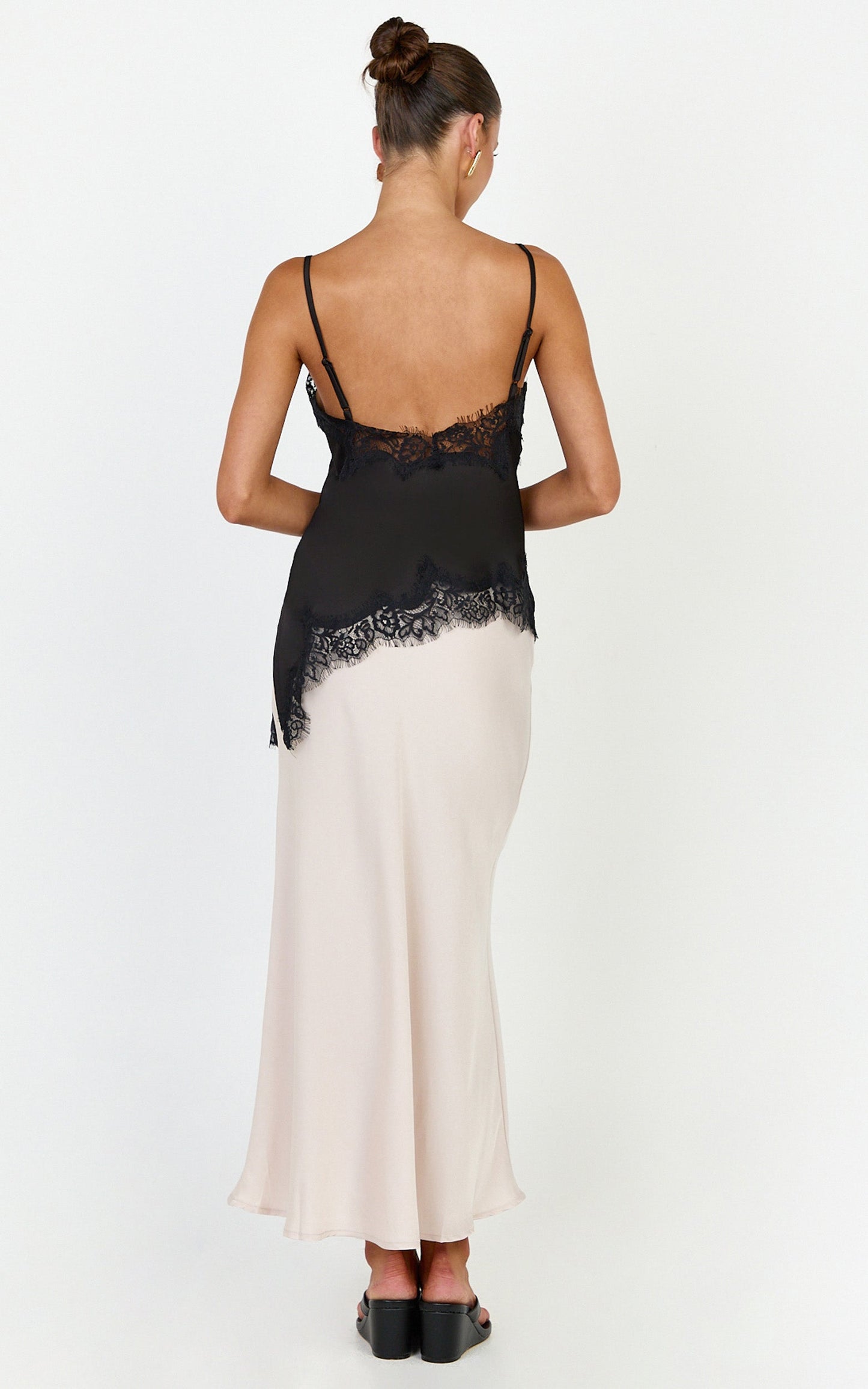 Ava Top - Lace Trim Asymmetrical Camisole Top in Black