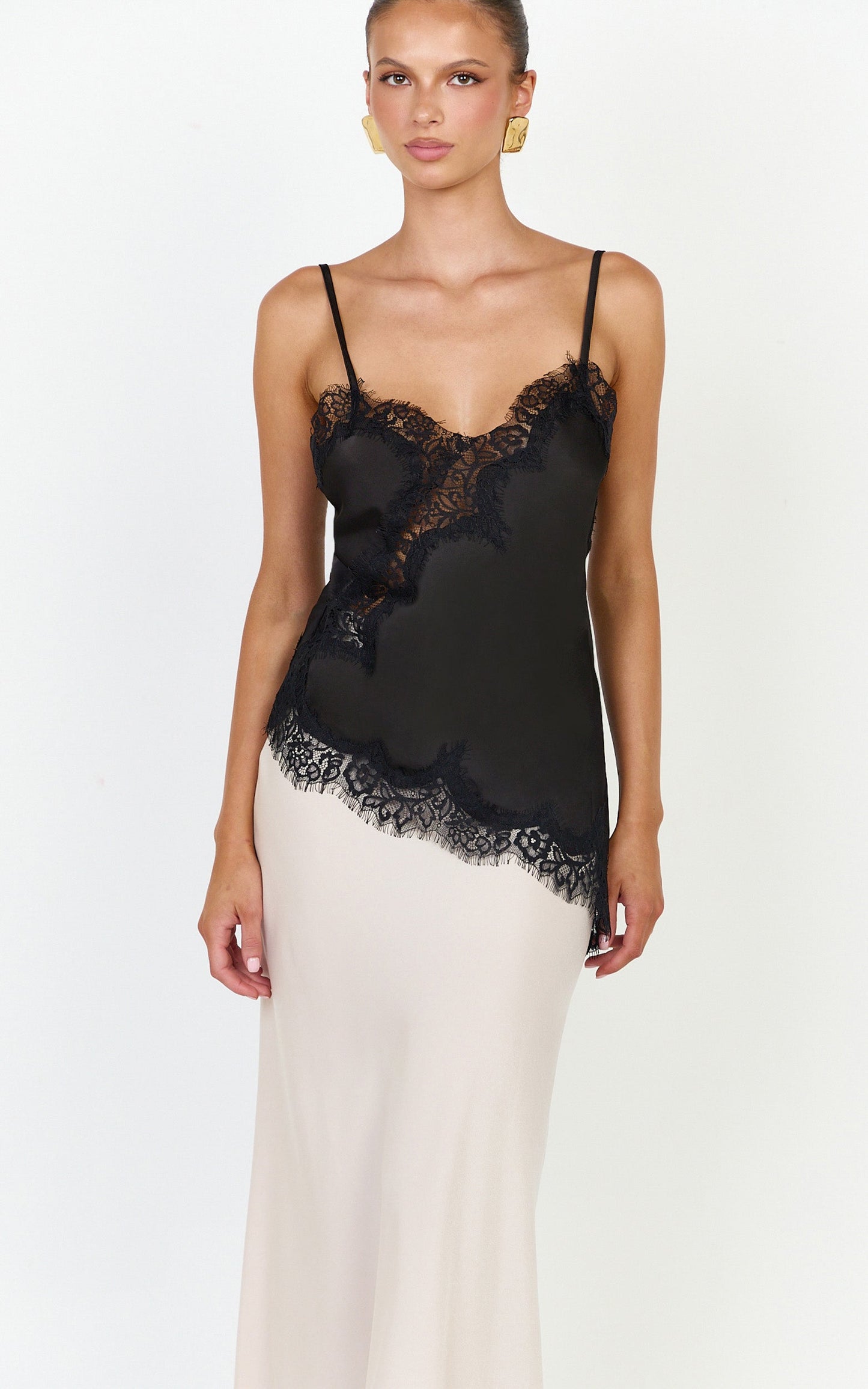 Ava Top - Lace Trim Asymmetrical Camisole Top in Black