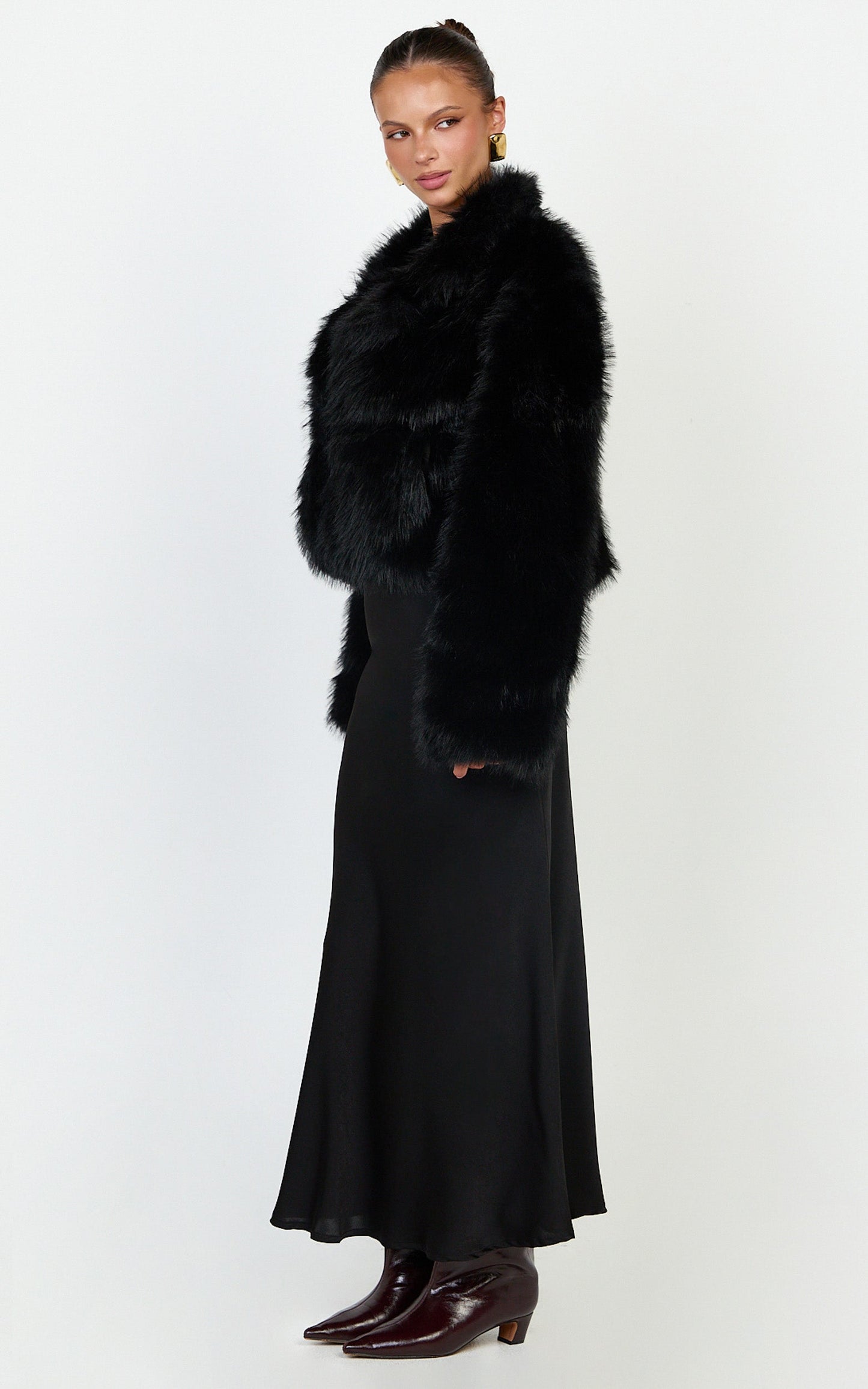 Charisse Coat - Oversized Crop Faux Fur Coat in Black