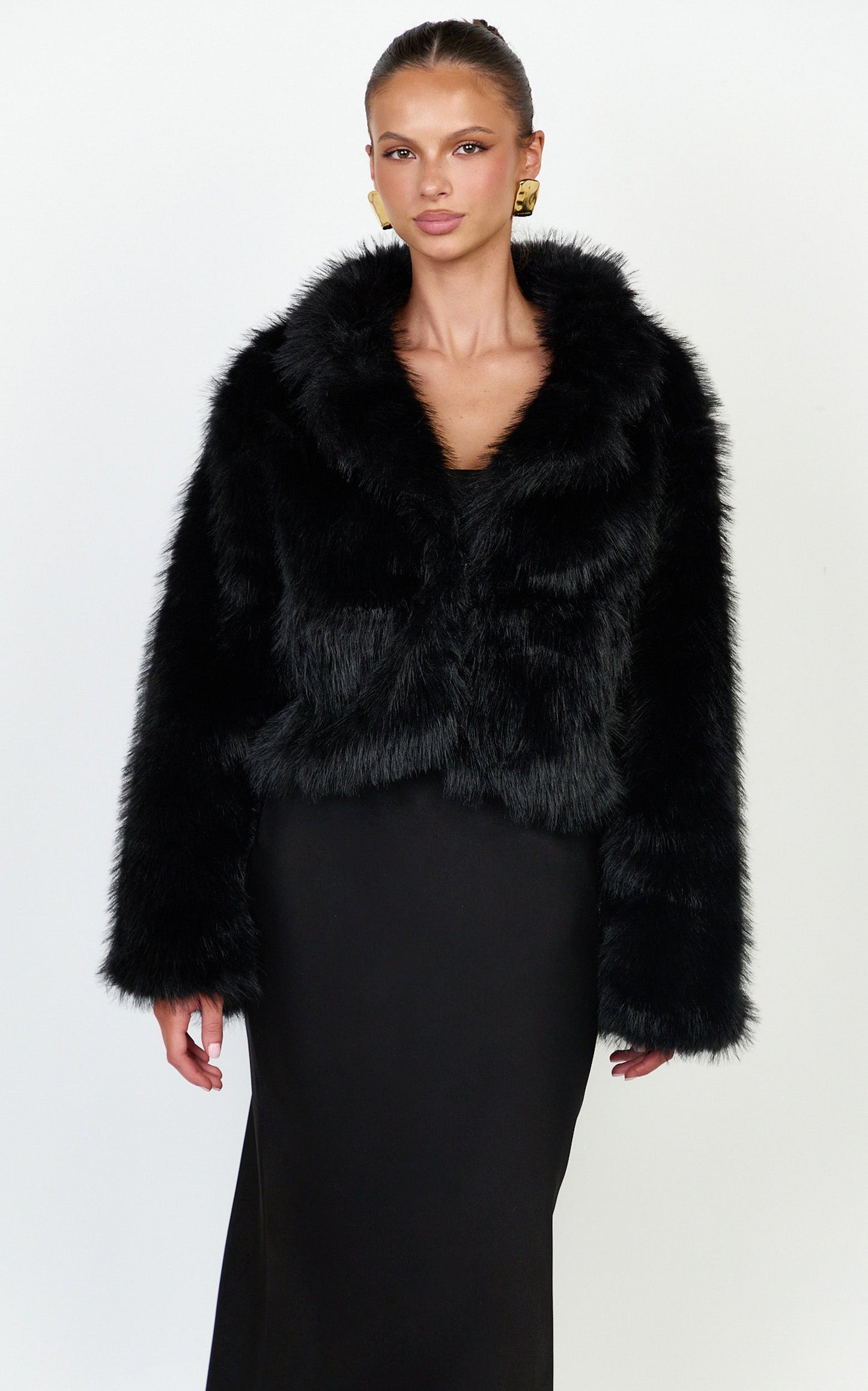 Charisse Coat - Oversized Crop Faux Fur Coat in Black