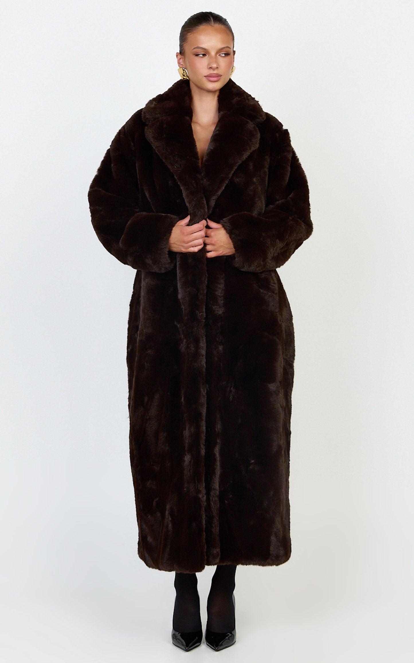 Dana Coat - Longline Faux Fur Coat in Chocolate