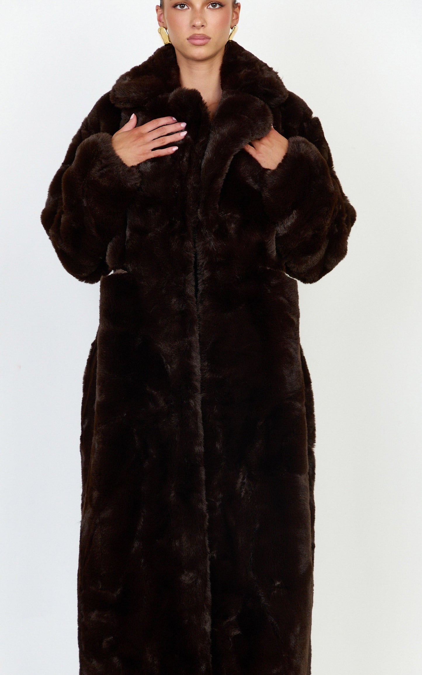 Dana Coat - Longline Faux Fur Coat in Chocolate