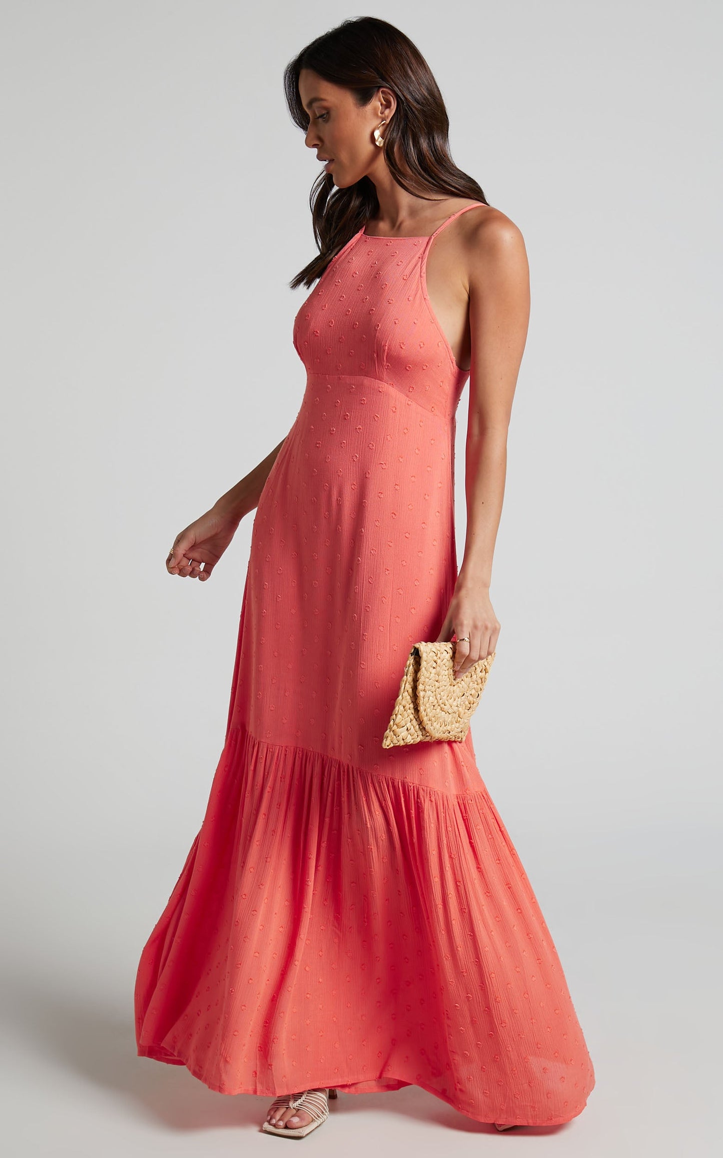 Cariele Midi Linen Blend Dress - Strappy Tiered Dotted Dress in Coral