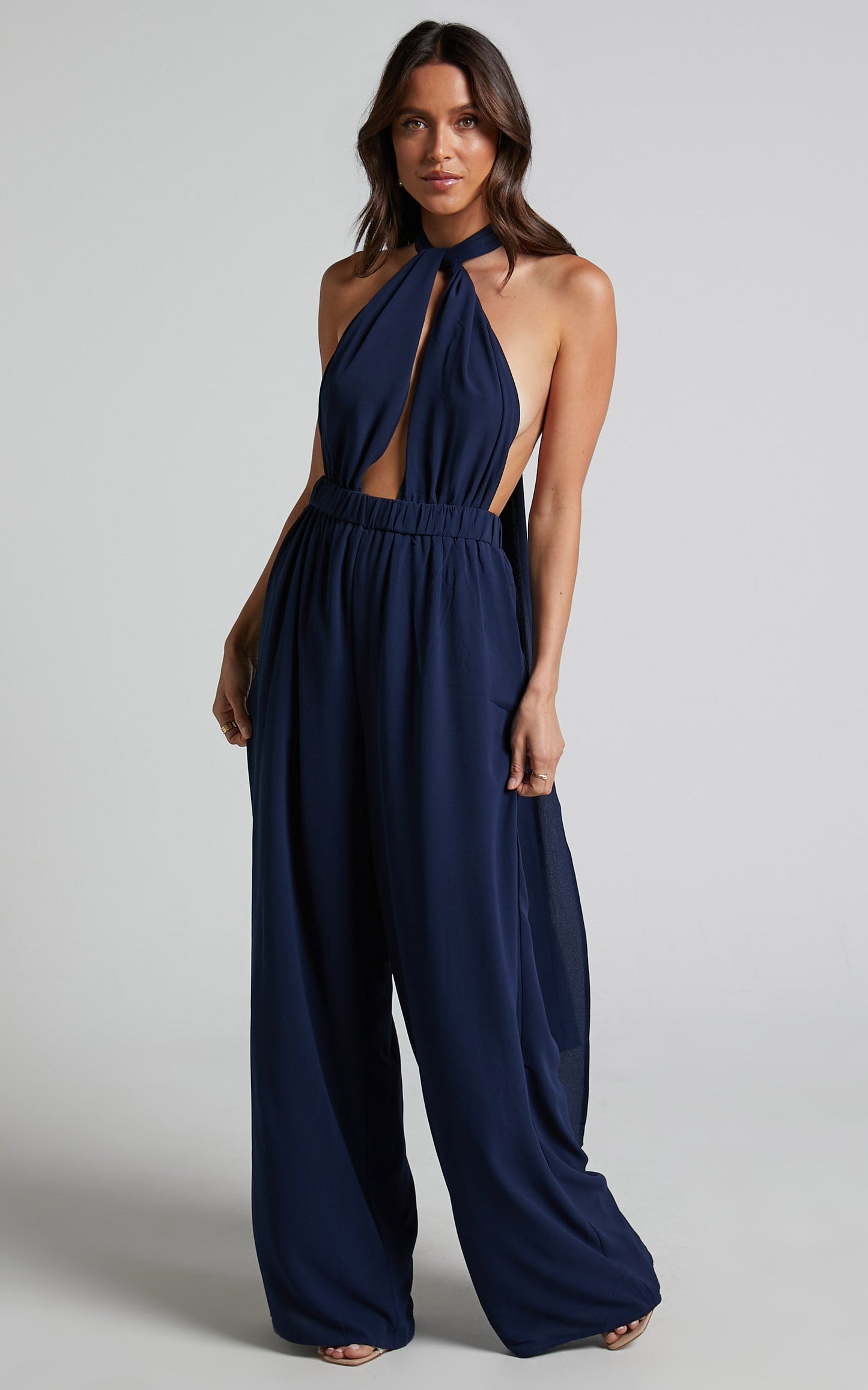 Girls Life Jumpsuit - Plunge Cross Back Tie Jumpsuit in Navy