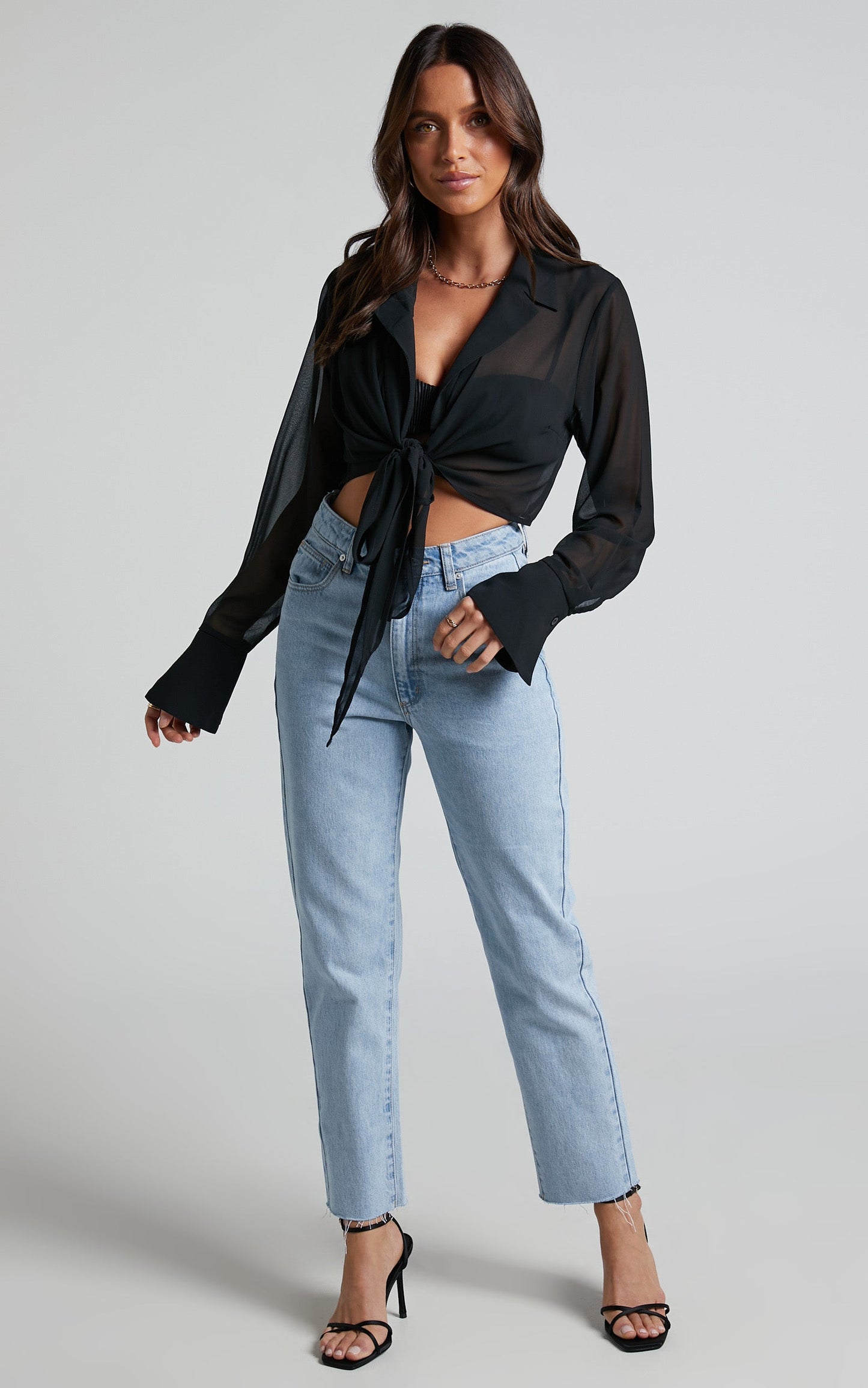 Jenxin Blouse - Sheer Collared Wrap Blouse in Black