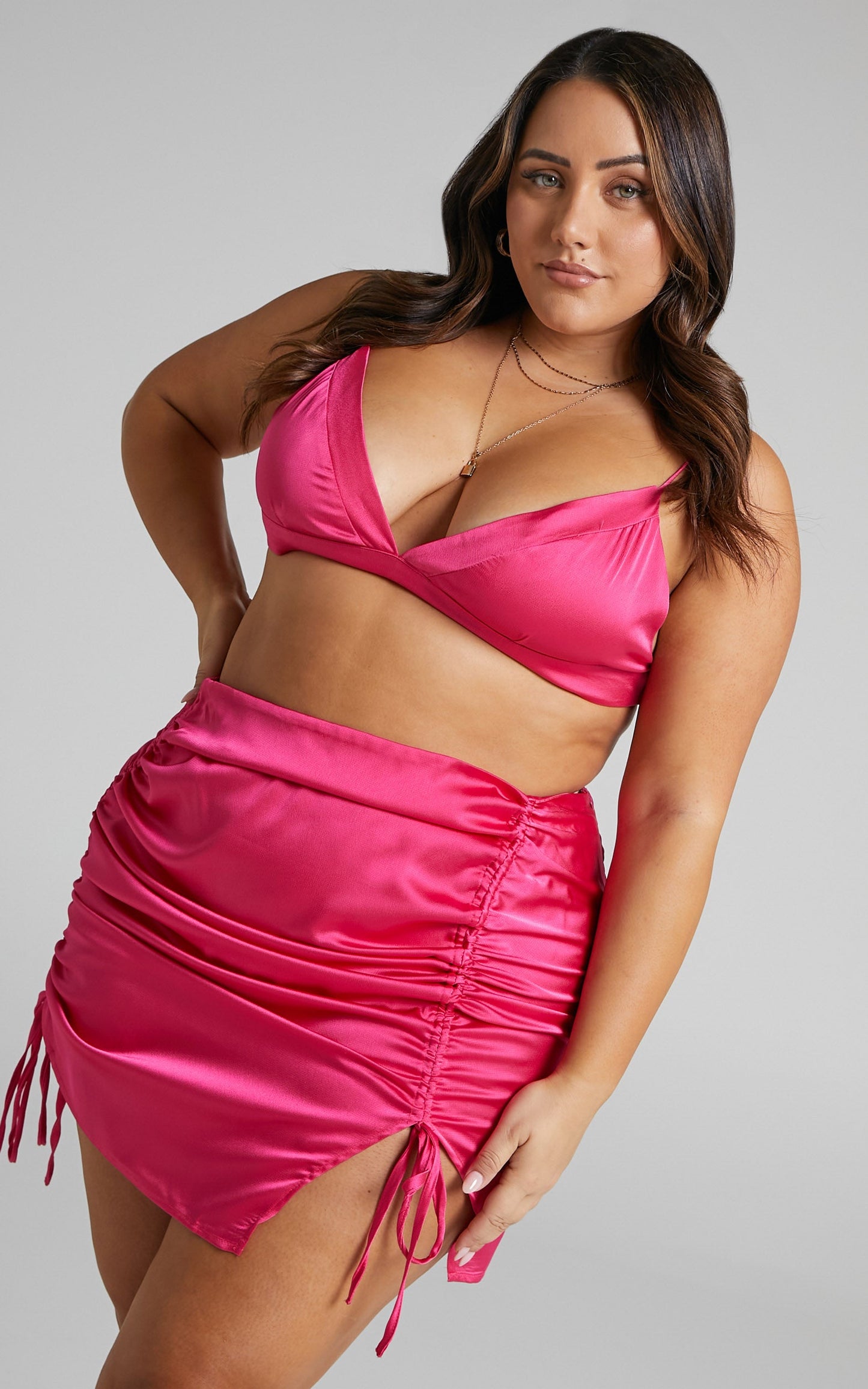 Mejila Mini Skirt - Ruched Split Hem Skirt in Hot Pink Satin