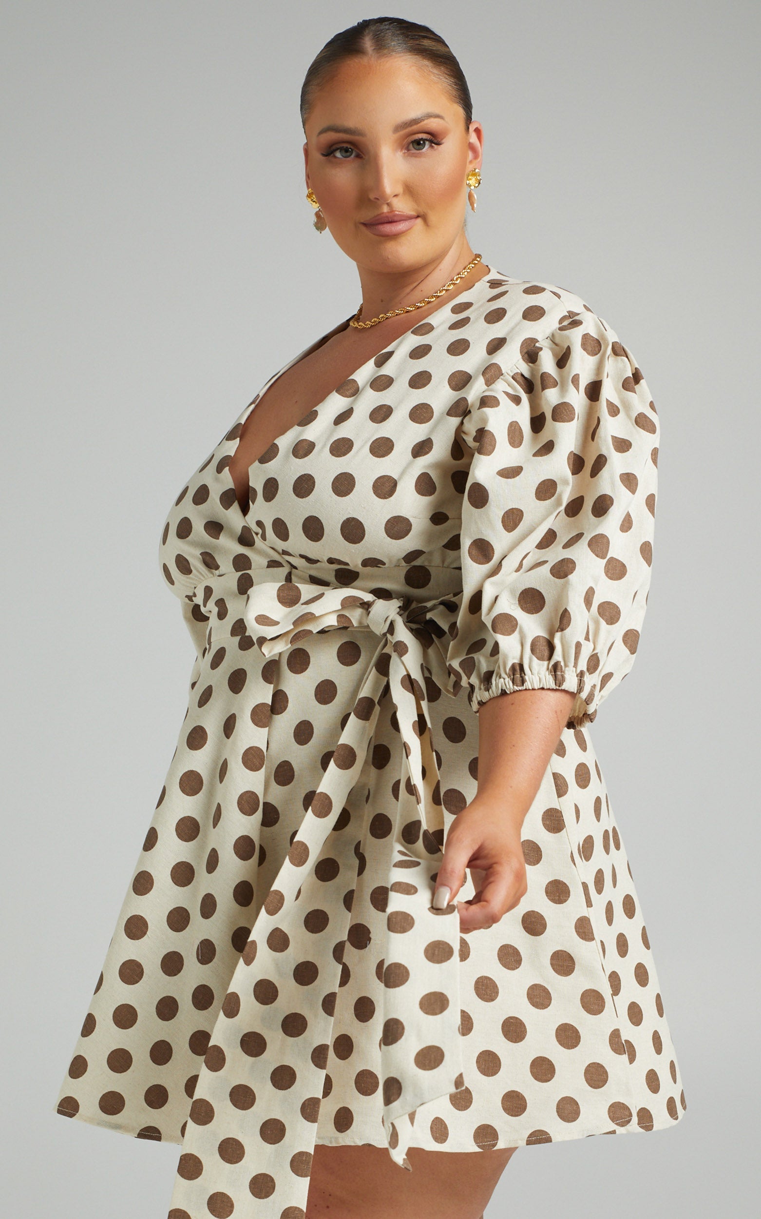 Zyann Mini Dress - Linen Puff Sleeve Wrap Dress in Mocha Spot