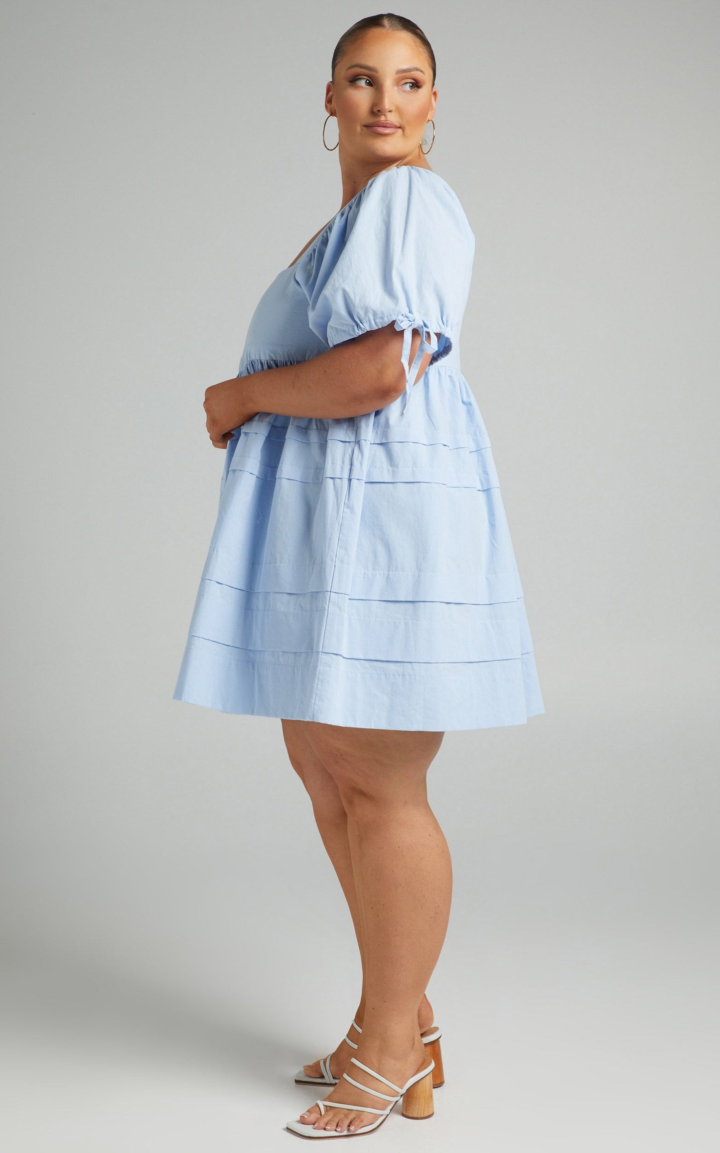 Eleua Mini Dress - Pintuck Short Puff Sleeve Dress in Baby Blue