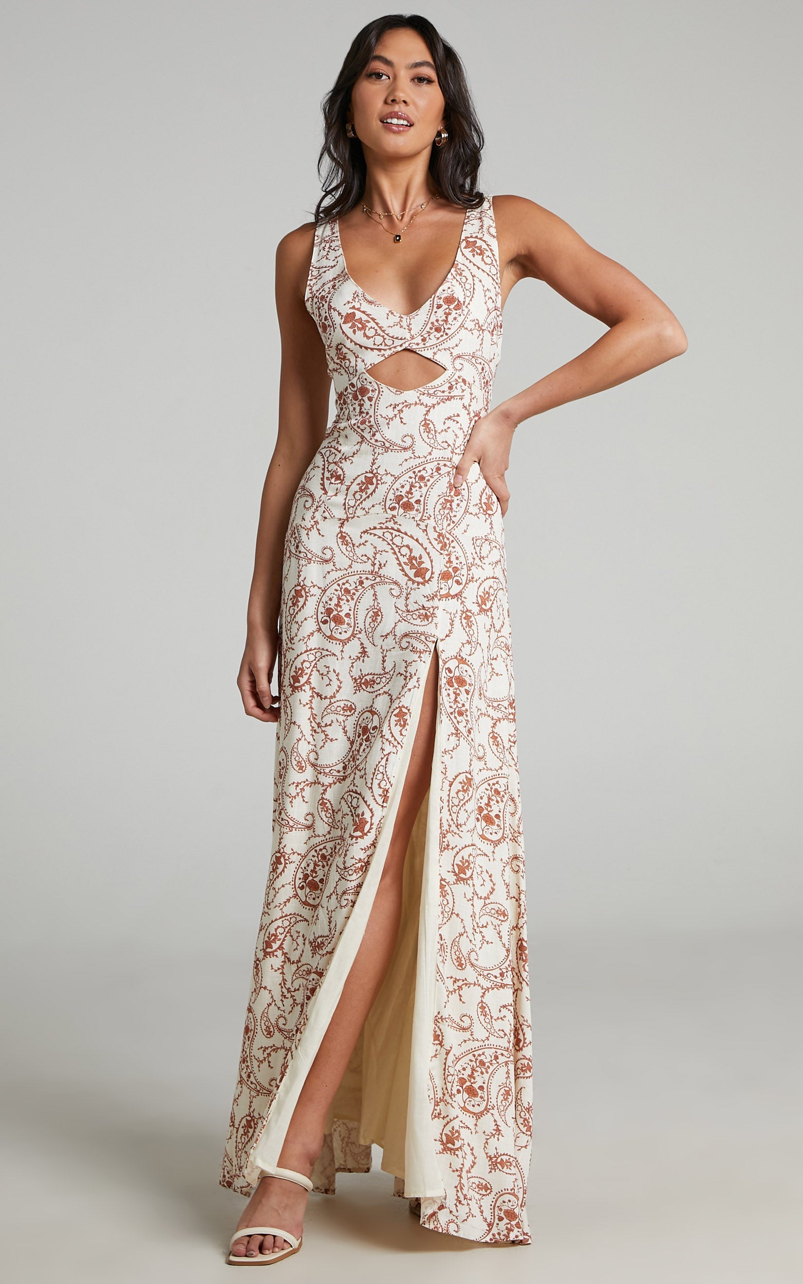 Edellen Midi Dress - Linen Cut Out Dress in Chocolate Paisley