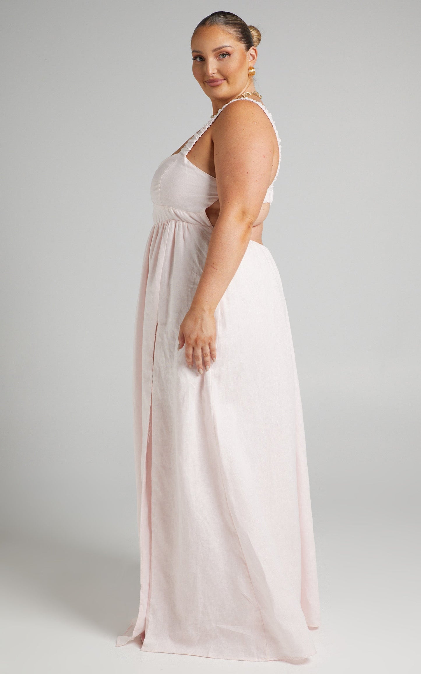 Amalie The Label - Lucia Linen Elasticated Strap Backless Maxi Linen Dress in Off White