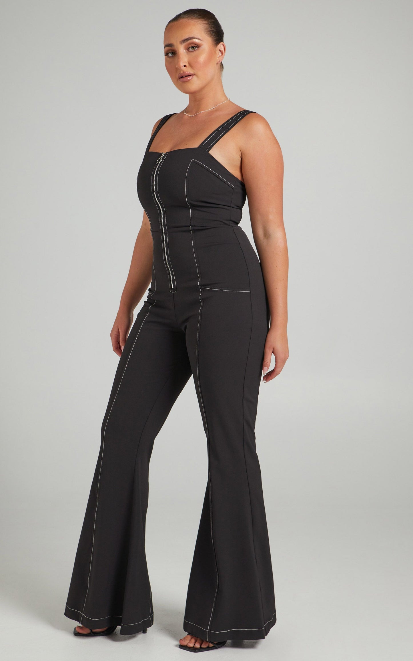 Georgianna Flare Contrast Stitch Detail Jumpsuit in Black