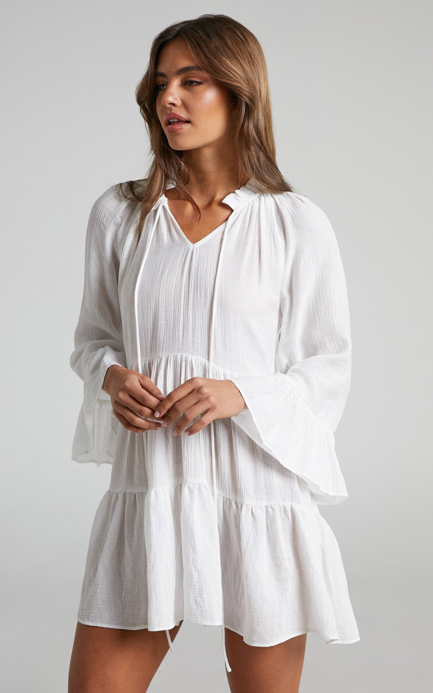Abrera Mini Linen Blend Dress - V Neck Long Sleeve Tiered Dress in White