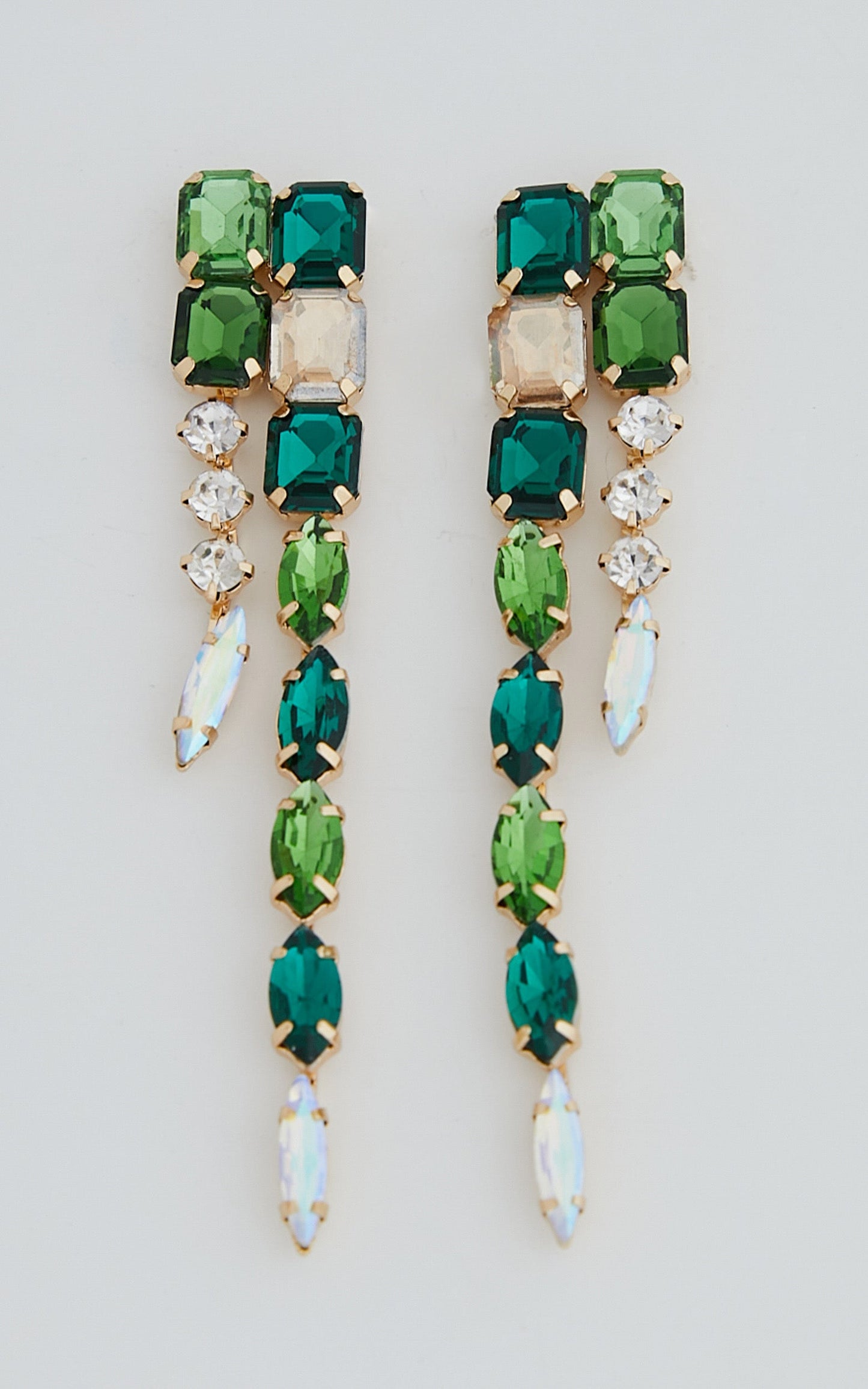 Aelinor Earrings - Asymmetric Gemstone Drop Earrings in Gold Green and Blue Diamante