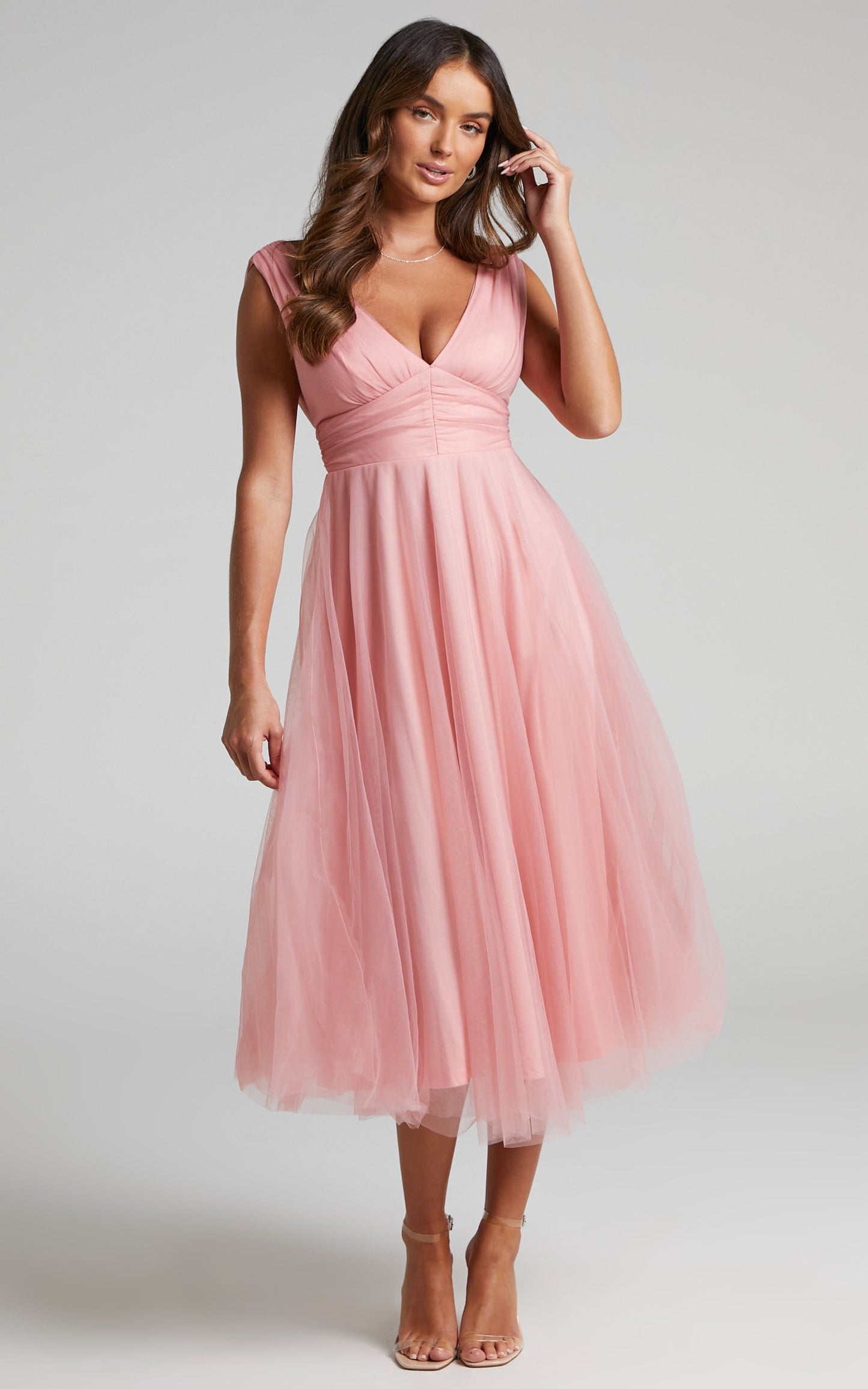 Agatha Midi Dress - Sleeveless V-Neck Organza Dress in Dusty Pink