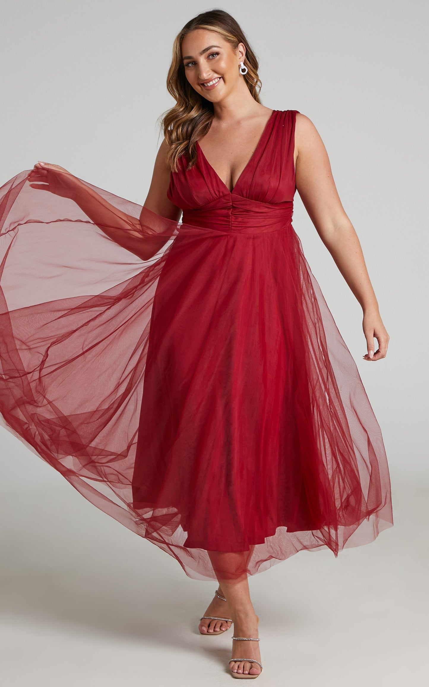 Agatha Midi Dress - Sleeveless V-Neck Organza Dress in Red