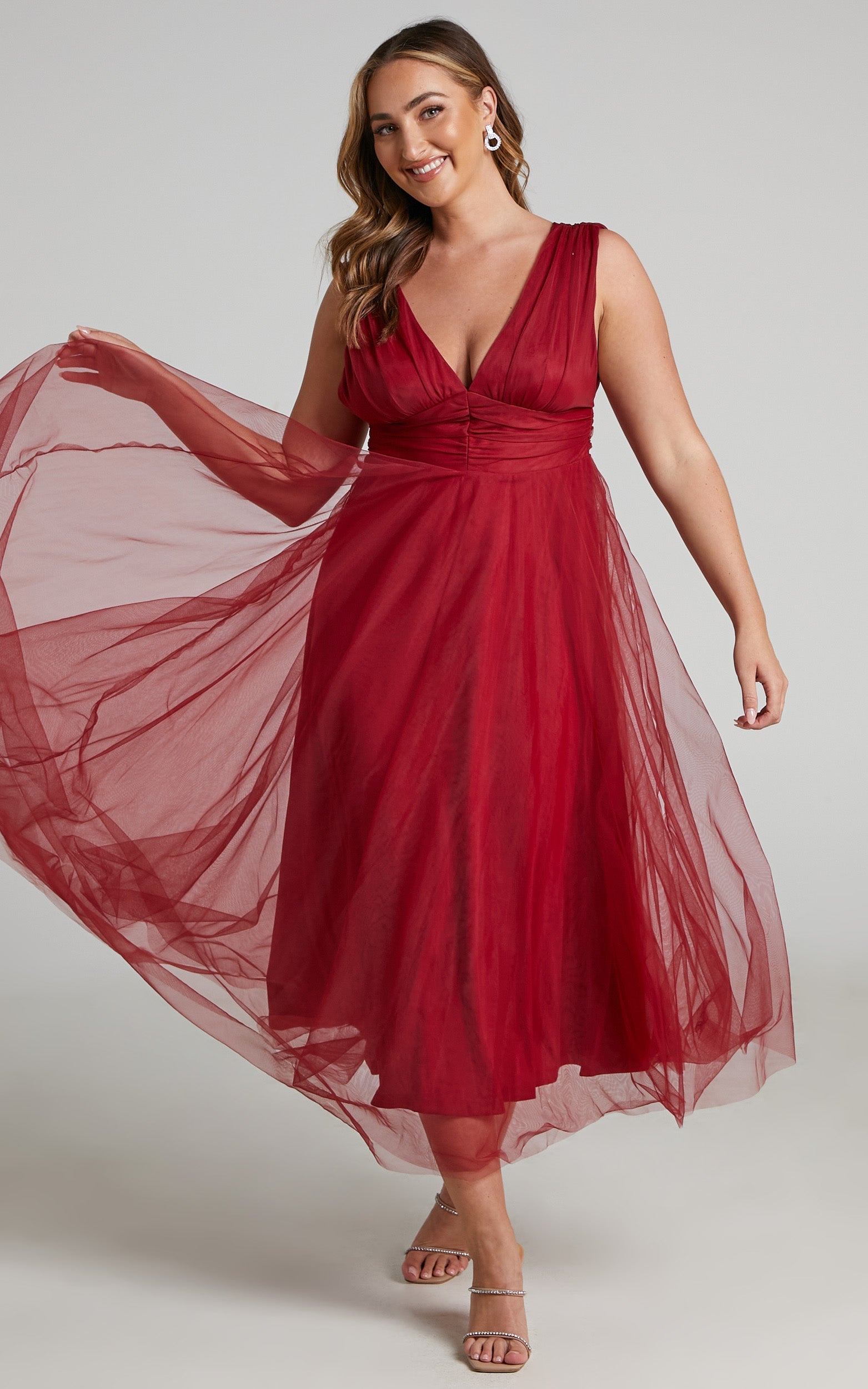 Agatha Midi Dress - Sleeveless V-Neck Organza Dress in Red