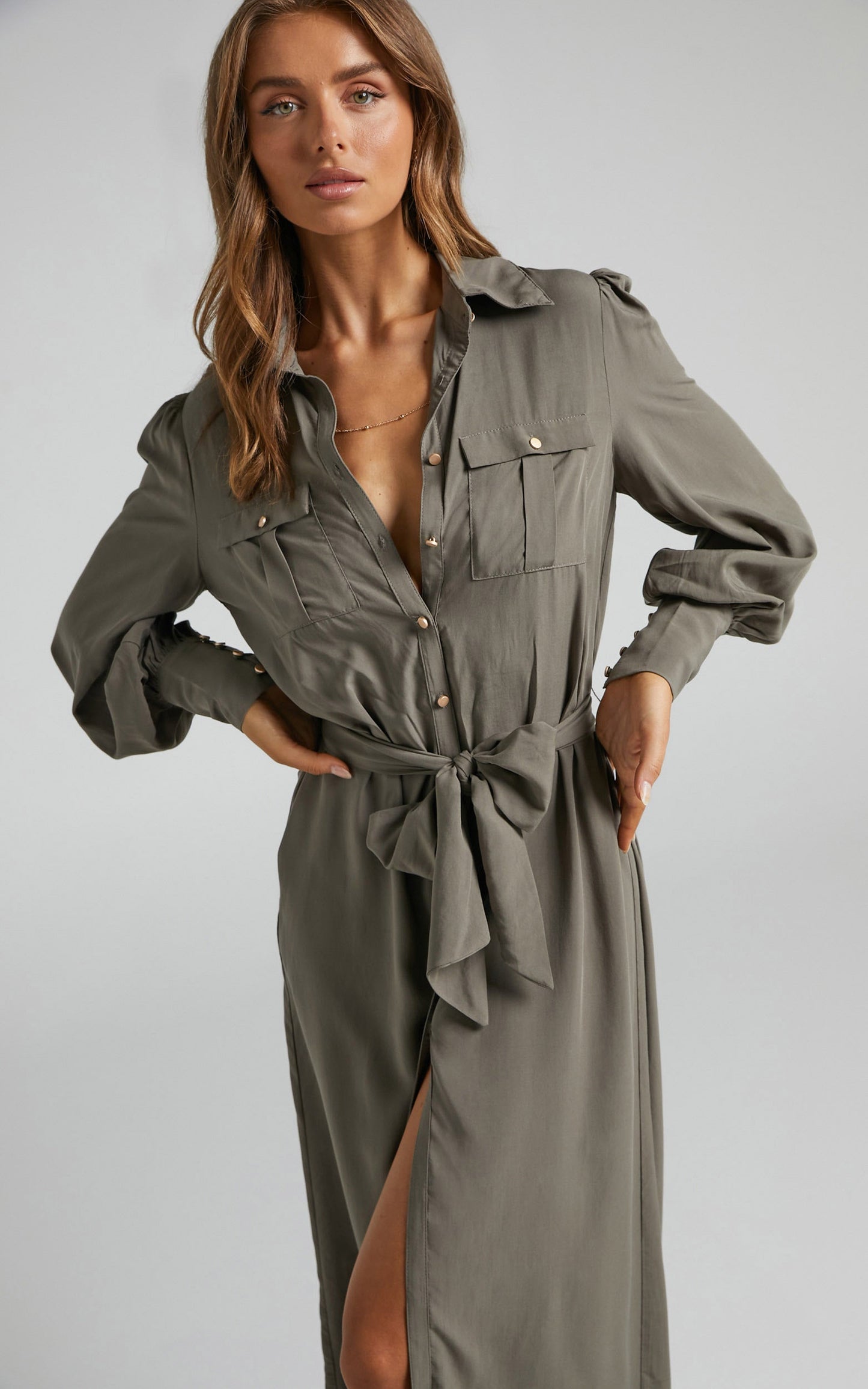 Aingeal Long Sleeve Midi Shirt Dress in Olive