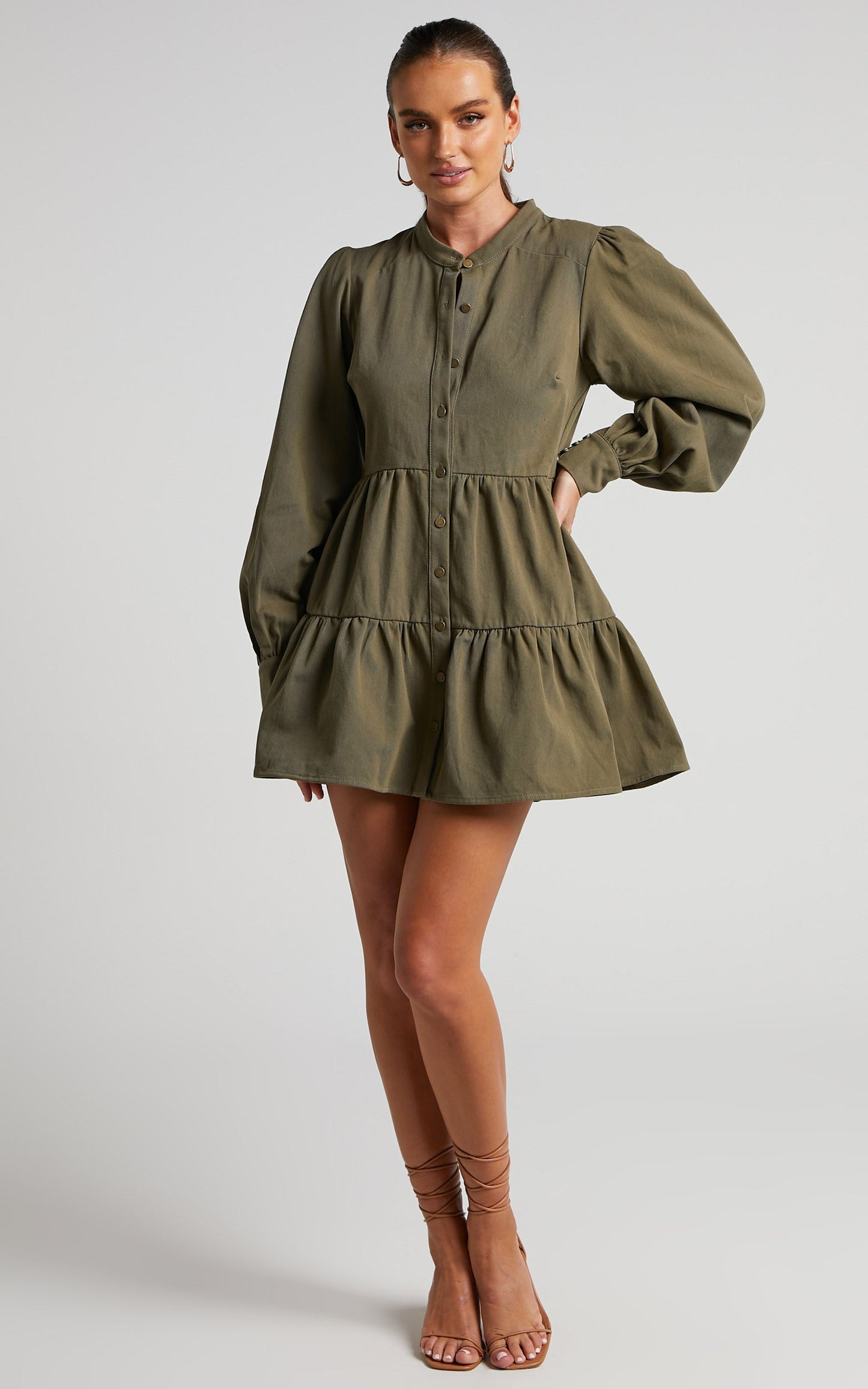 Alesana Mini Dress - Long Sleeve Button Through Tiered Shirt Smock Dress in Khaki