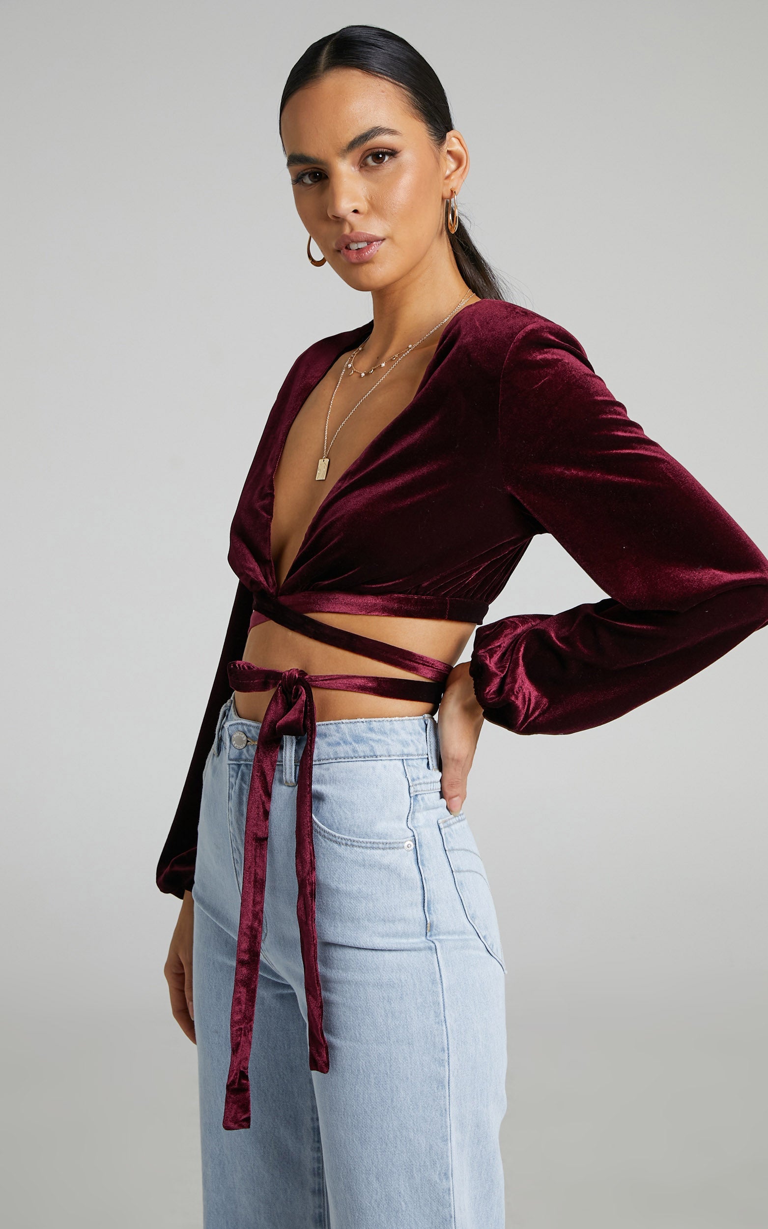 Maybelyn Top - Velvet Plunge Wrap Crop Top in Burgundy
