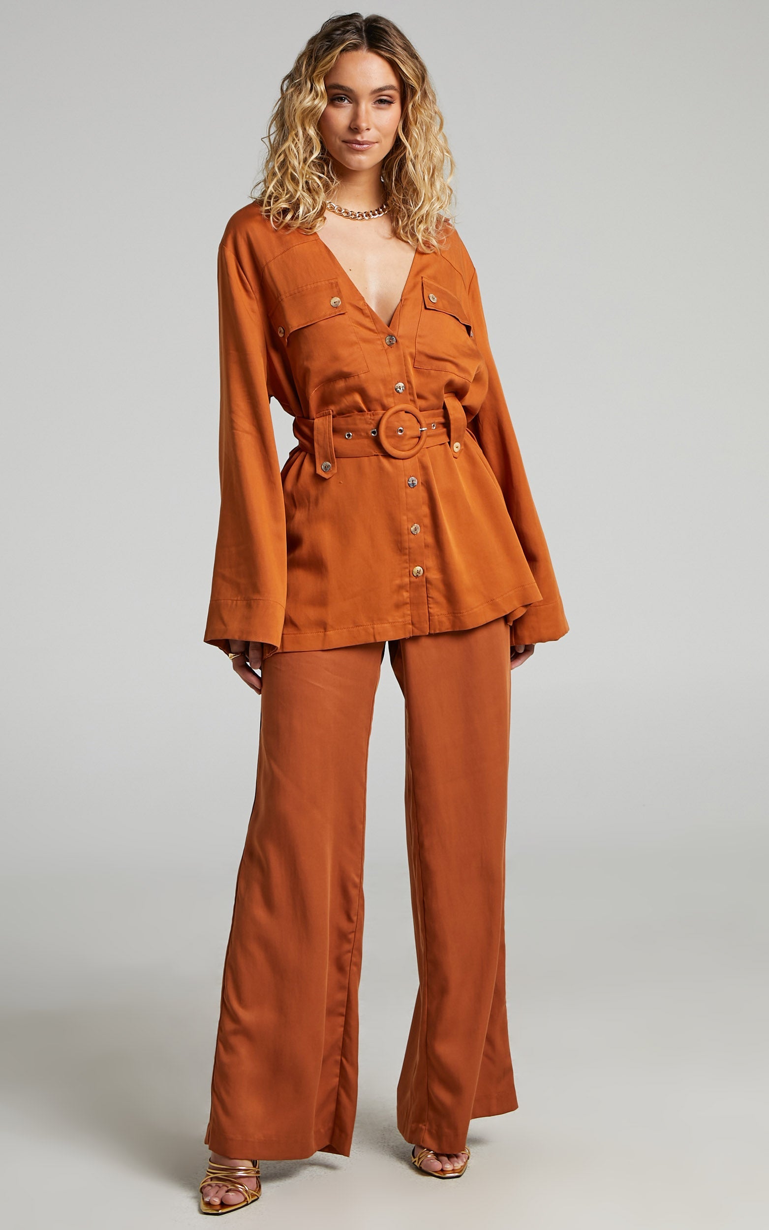 Amalie The Label - Ambroise Linen Blend High Waisted Wide Leg Pants in Earth