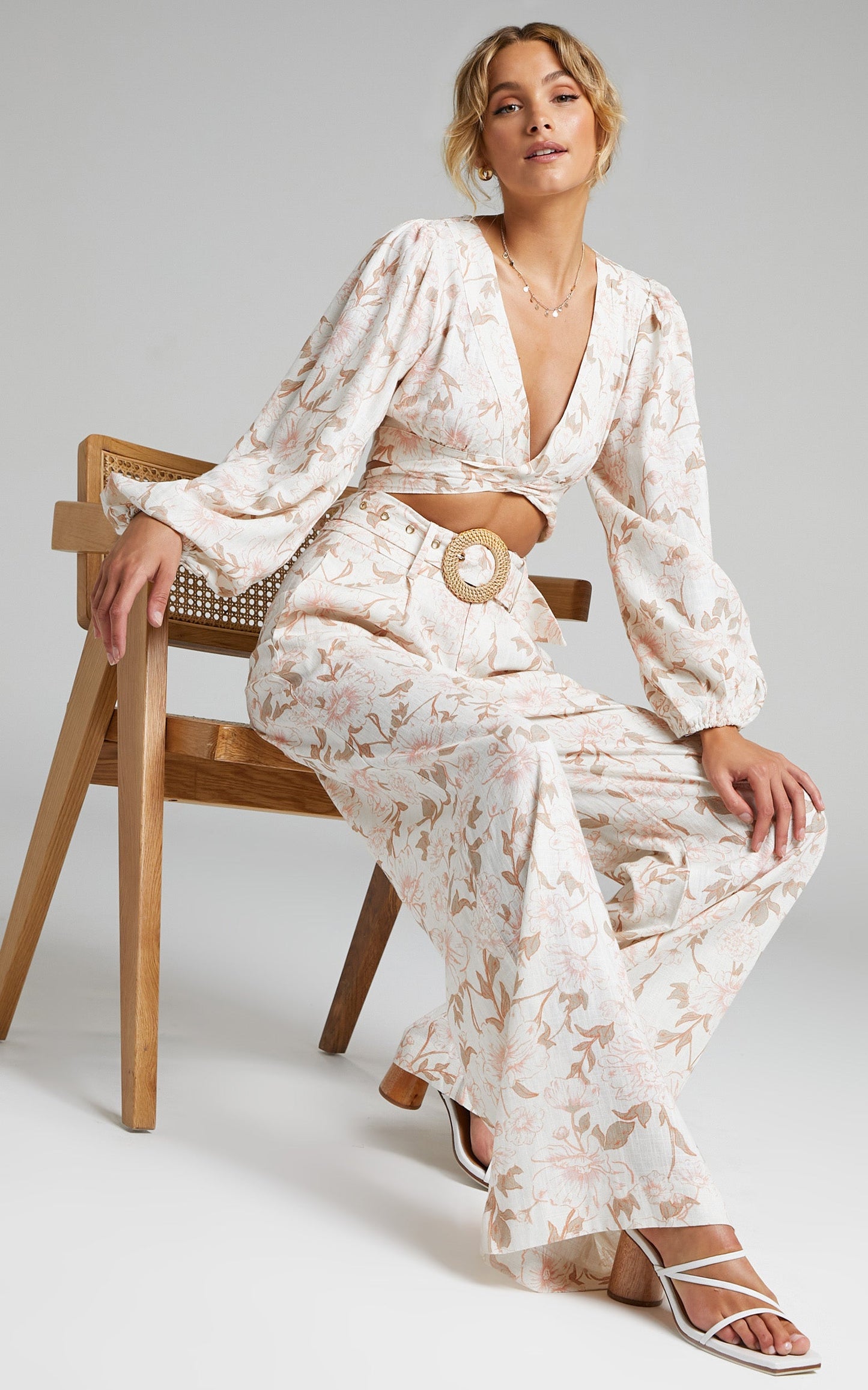 Amalie The Label - Clarette Linen Cotton Belted High Rise Wide Leg Pant in Pink Linear Floral