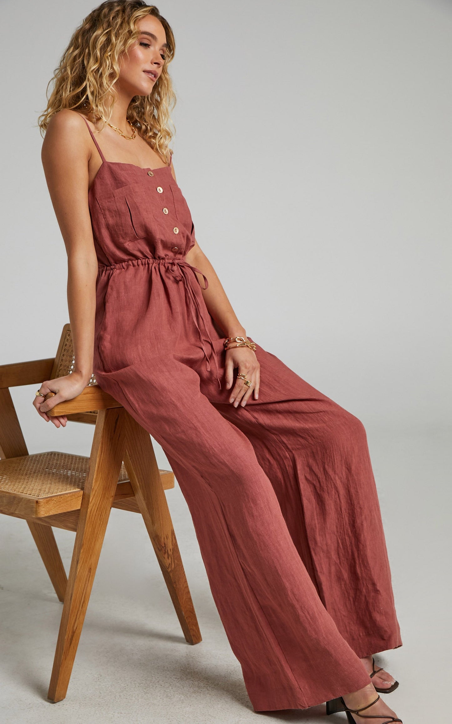 Amalie The Label - Frances Linen Button Up Linen Jumpsuit in Burnt Rose