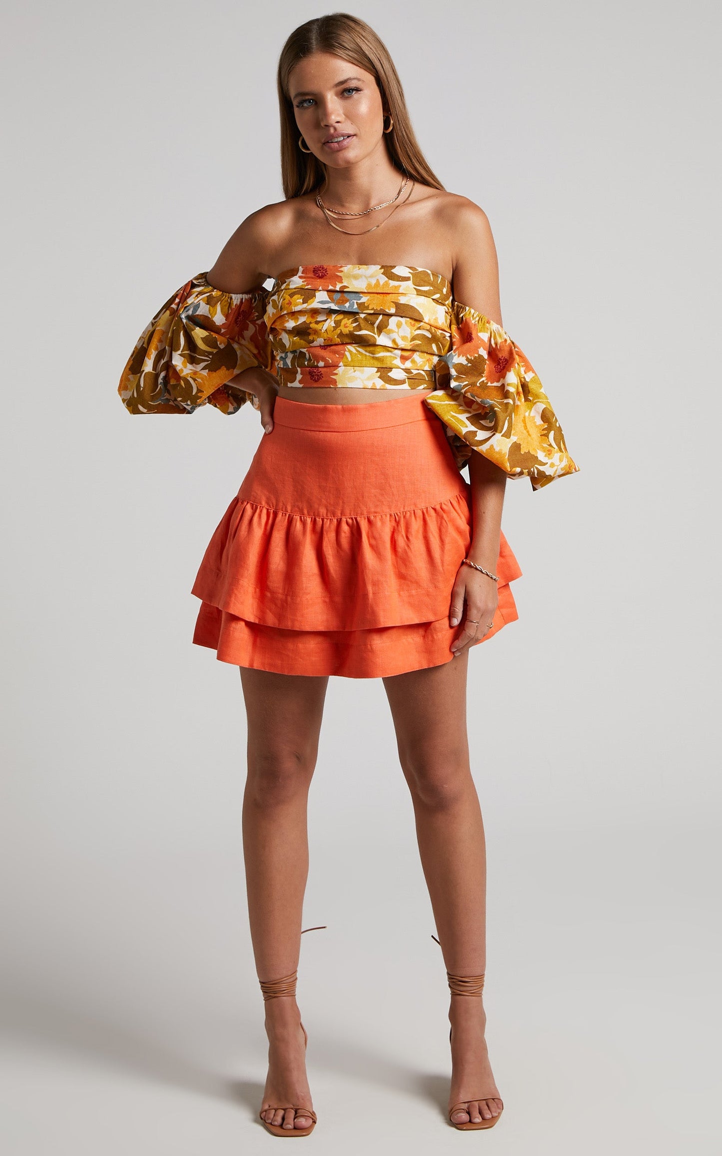 Amalie The Label - Linen Ruffle Hem Mini Linen Skirt in Orange Pop