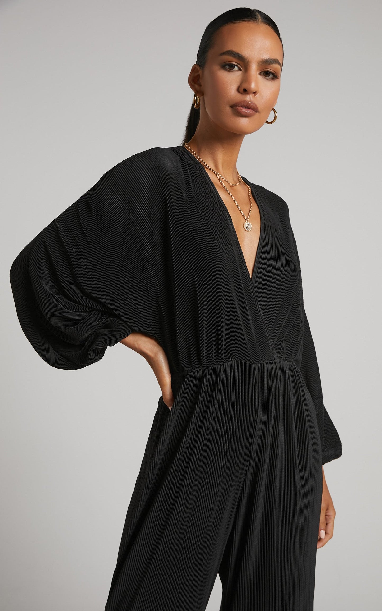 Amarante Jumpsuit - Plisse V Neck Long Sleeve Jumpsuit in Black