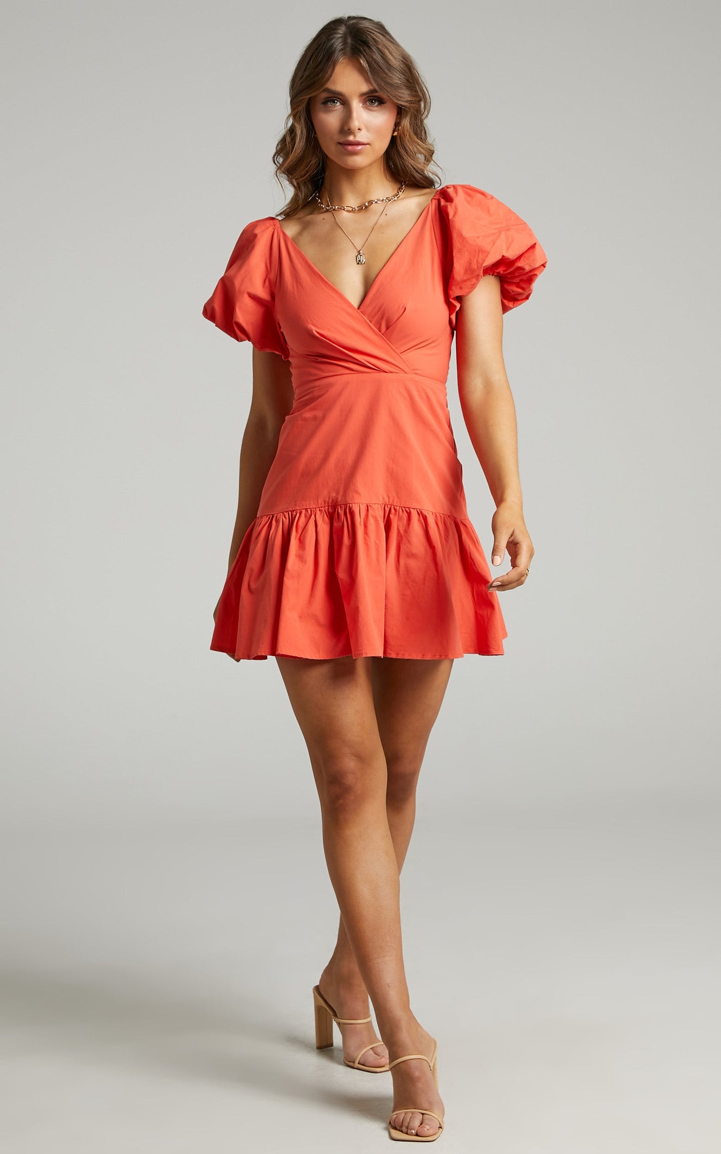 Brighton Mini Dress - Puff Sleeve Ruffle Dress in Orange