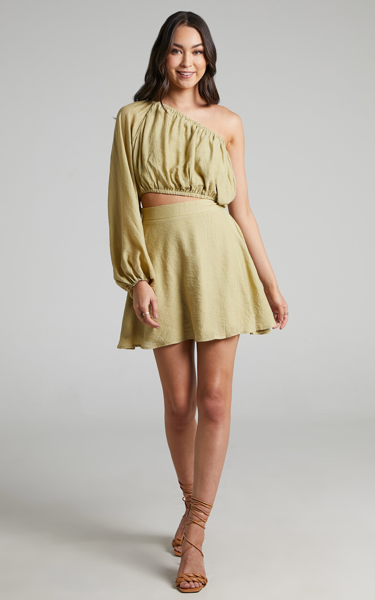 Cecilla One Shoulder Gathered Bodice Dress in Butter Yellow