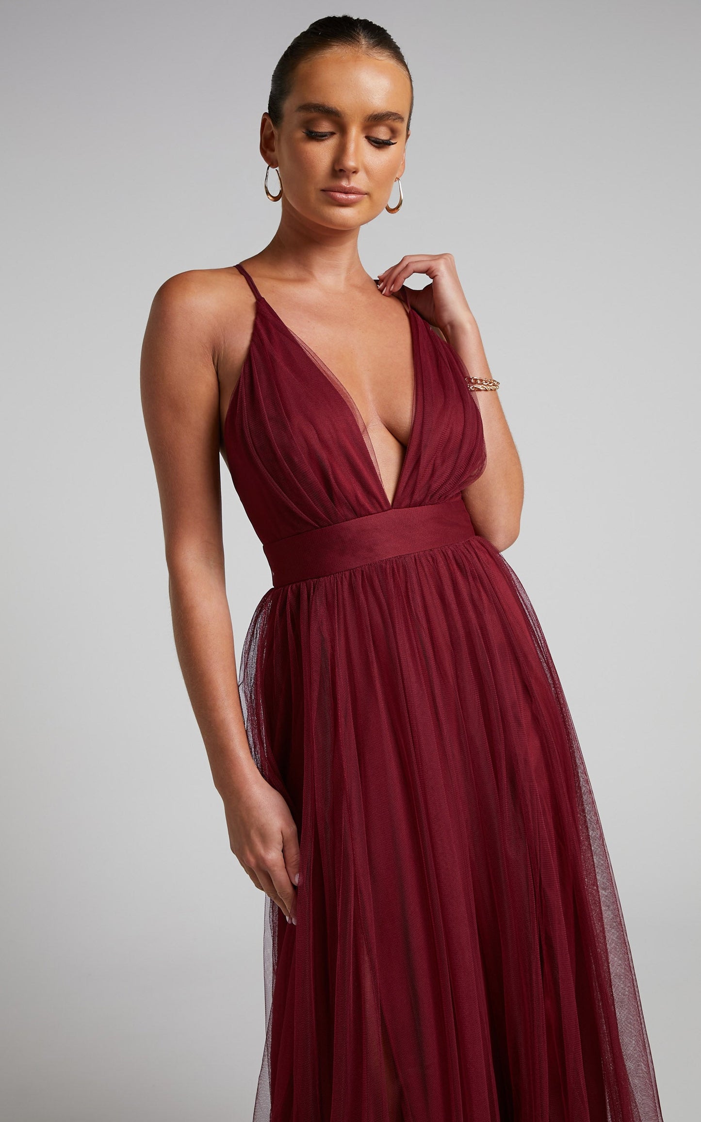 Celebrate Tonight Maxi Dress - Plunge Neck Tulle Dress in Wine