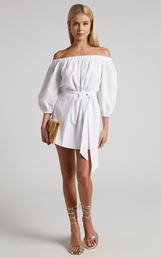 Chalmer Mini Dress - Tie Waist Off Shoulder Dress in White