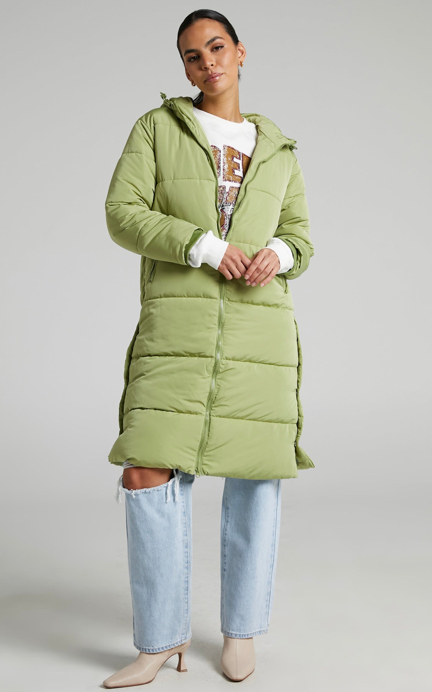 Claude Longline Puffer Coat in Light Green
