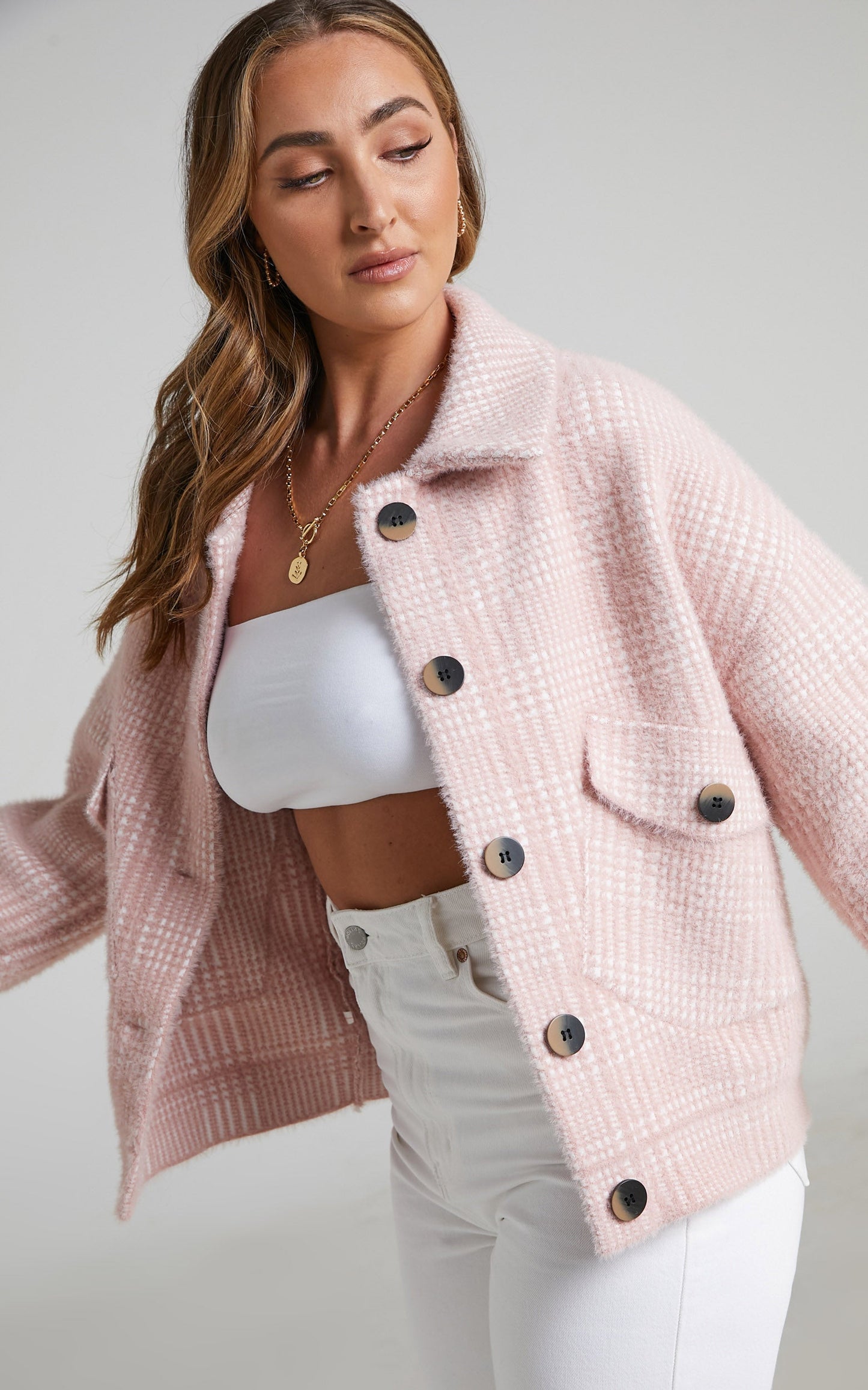 Shamcey Button Front Check Jacket in Pink