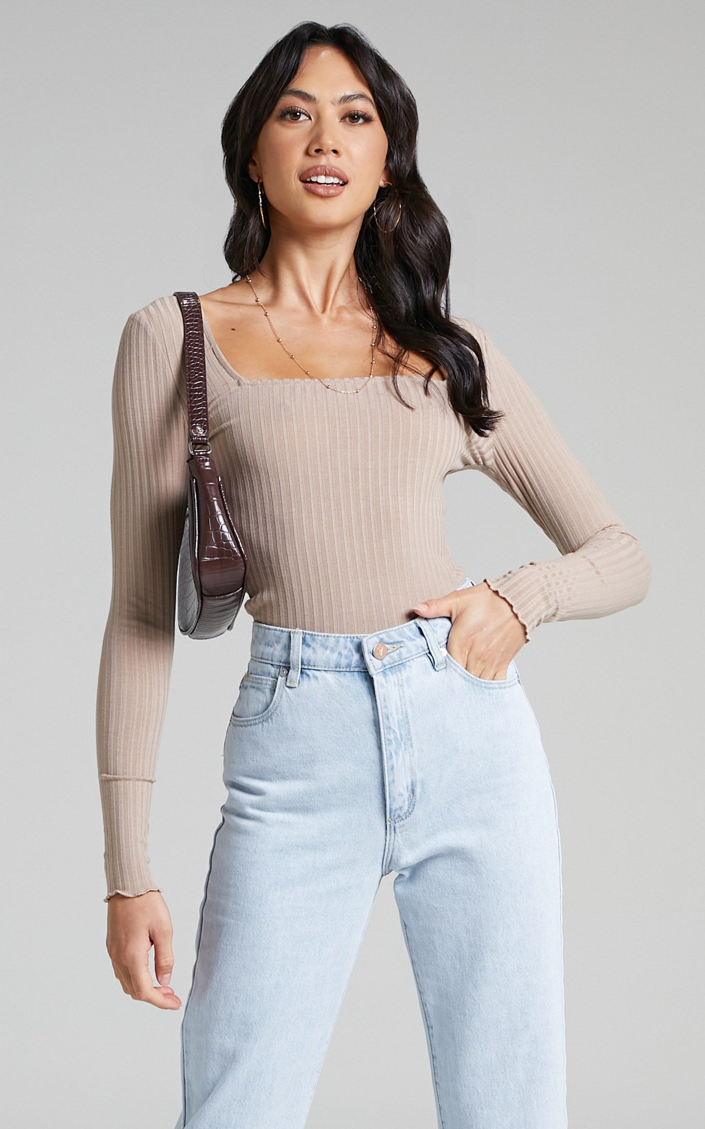 Complicate It Top - Long Sleeve Square Neck Top in Beige