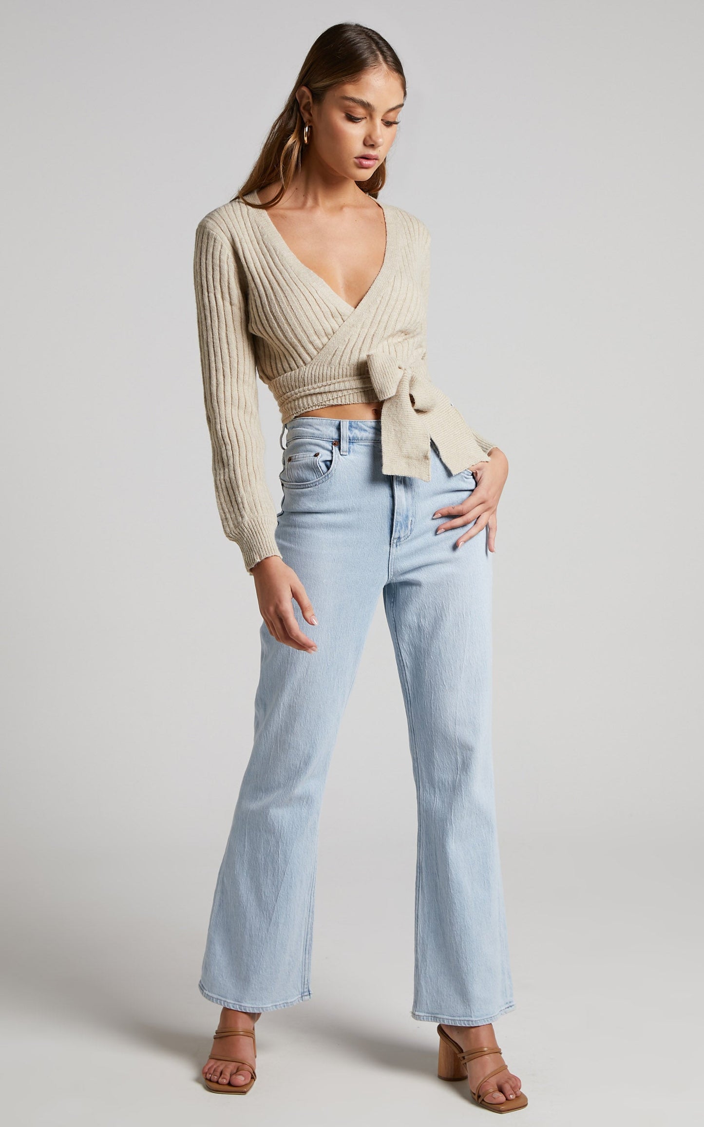 Danika Top - Linen Look Long Sleeve Knit Wrap Top in Beige