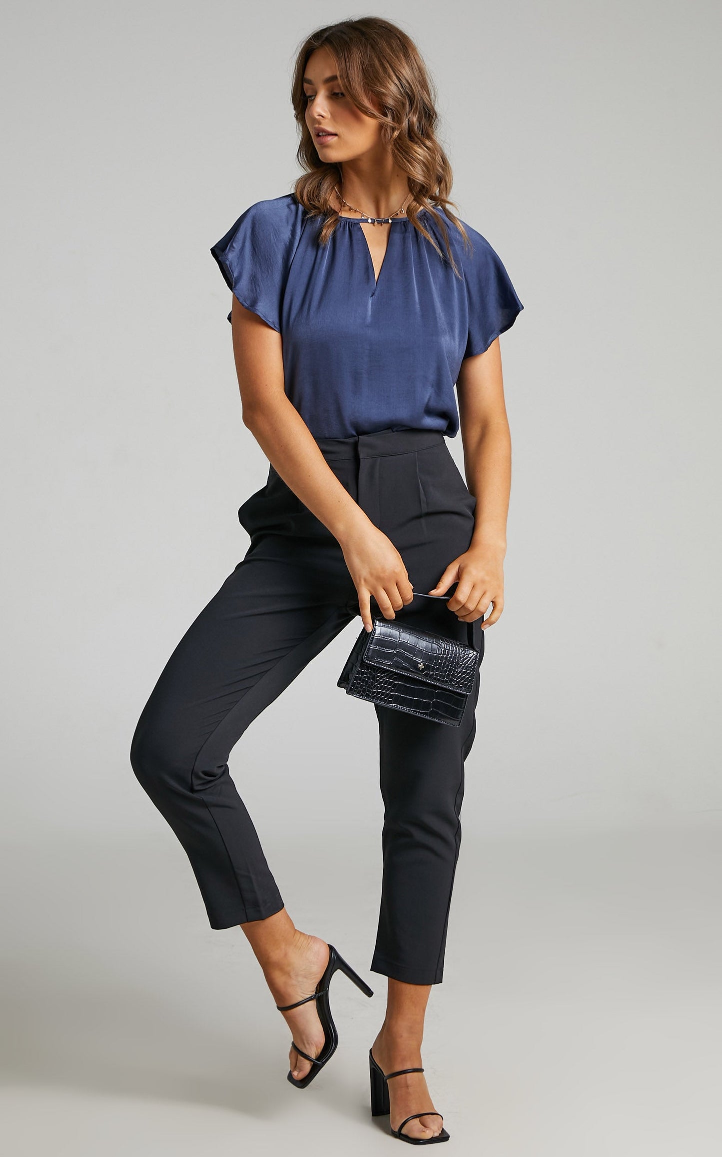 Demmi Top - Key Hole Flutter Sleeve Top in Navy