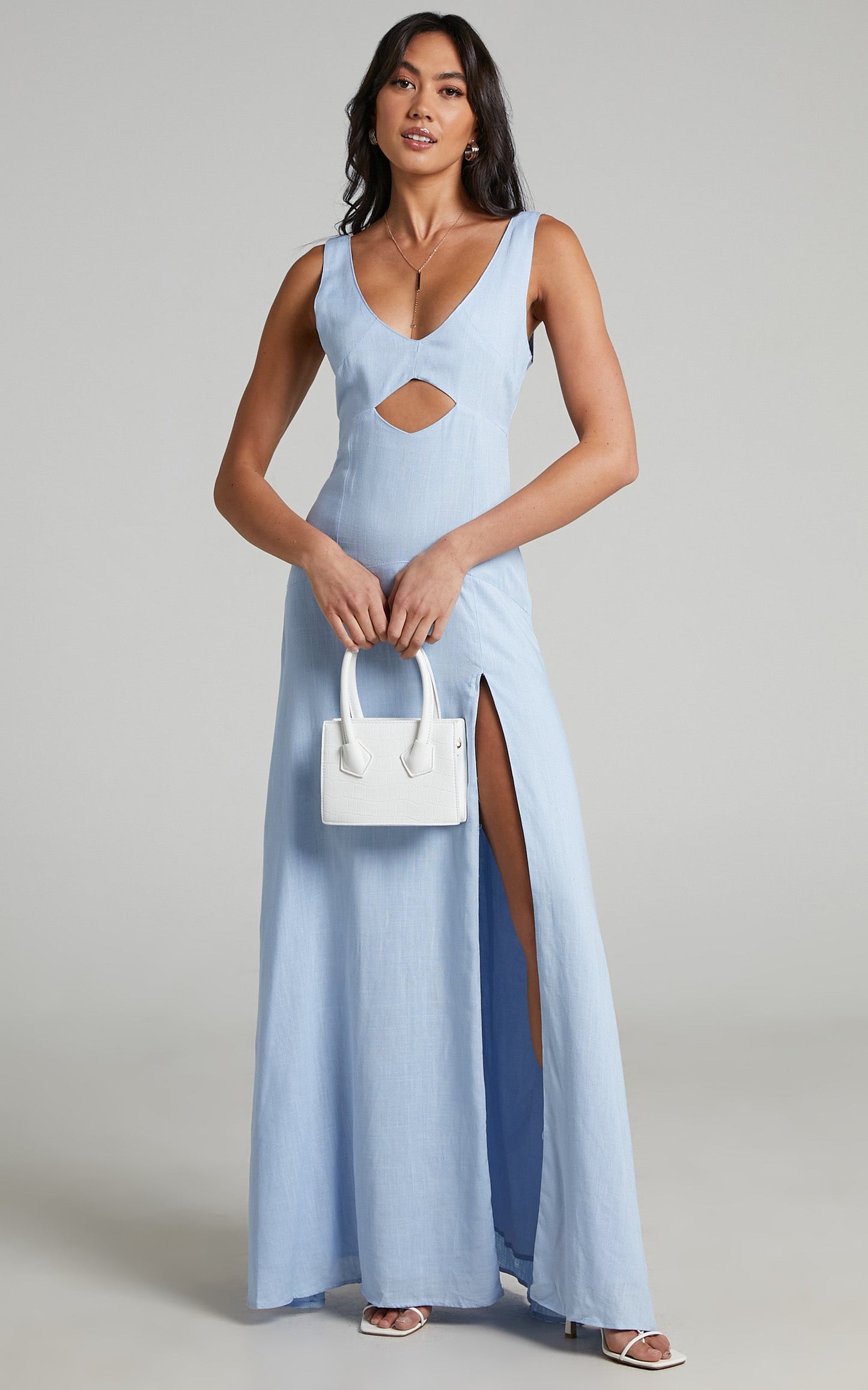 Edellen Midi Dress - Linen Cut Out Dress in Cornflower Blue