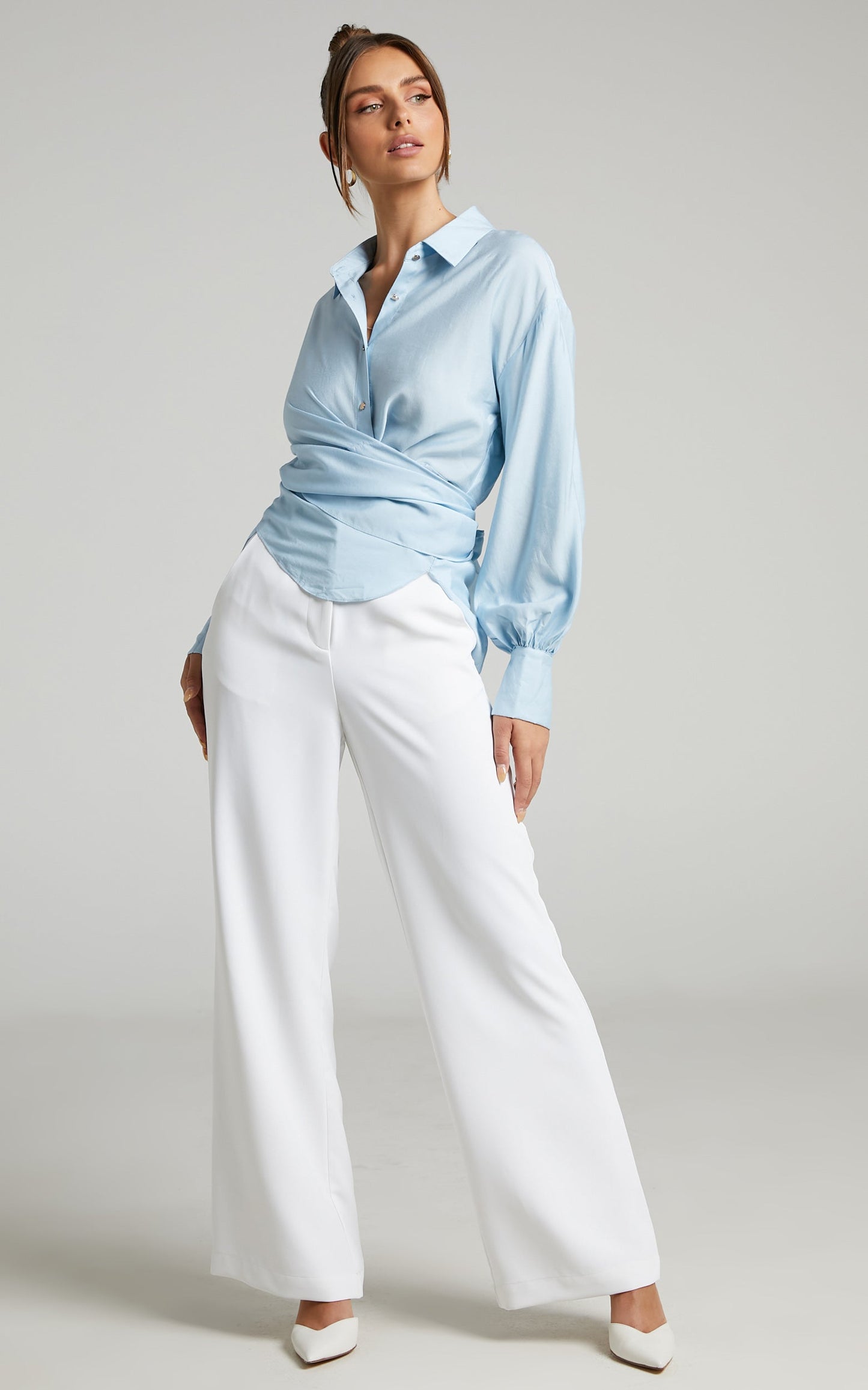 Ehrna Shirt - Twist Front Collared Long Sleeve Shirt in Ice Blue