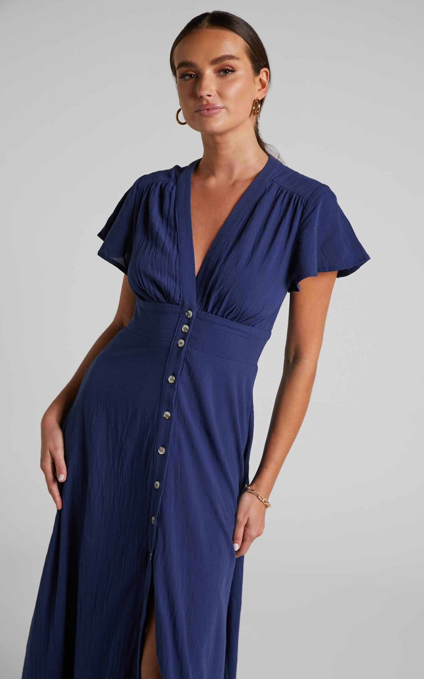 Elijah Midi Dress - Empire Waist Button Down Dress in Navy