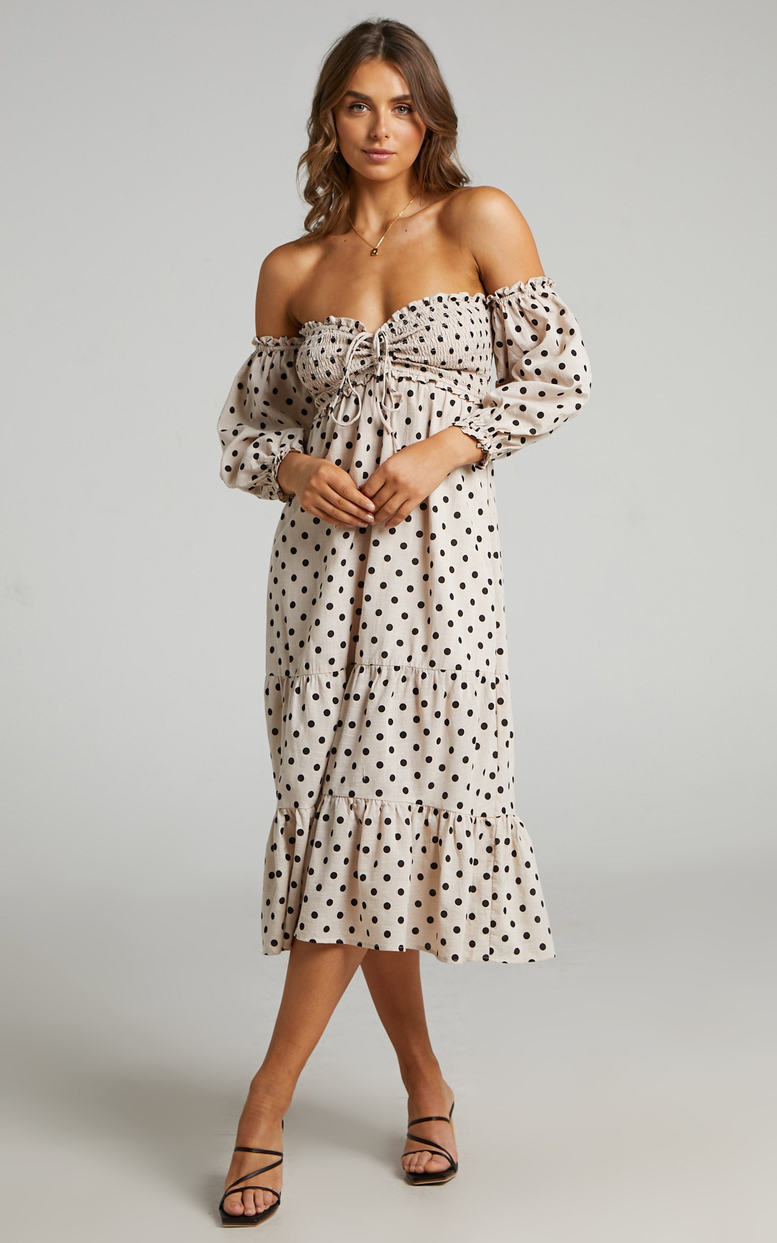 Emmah Midi Dress - Linen Off Shoulder Tiered Dress in Beige