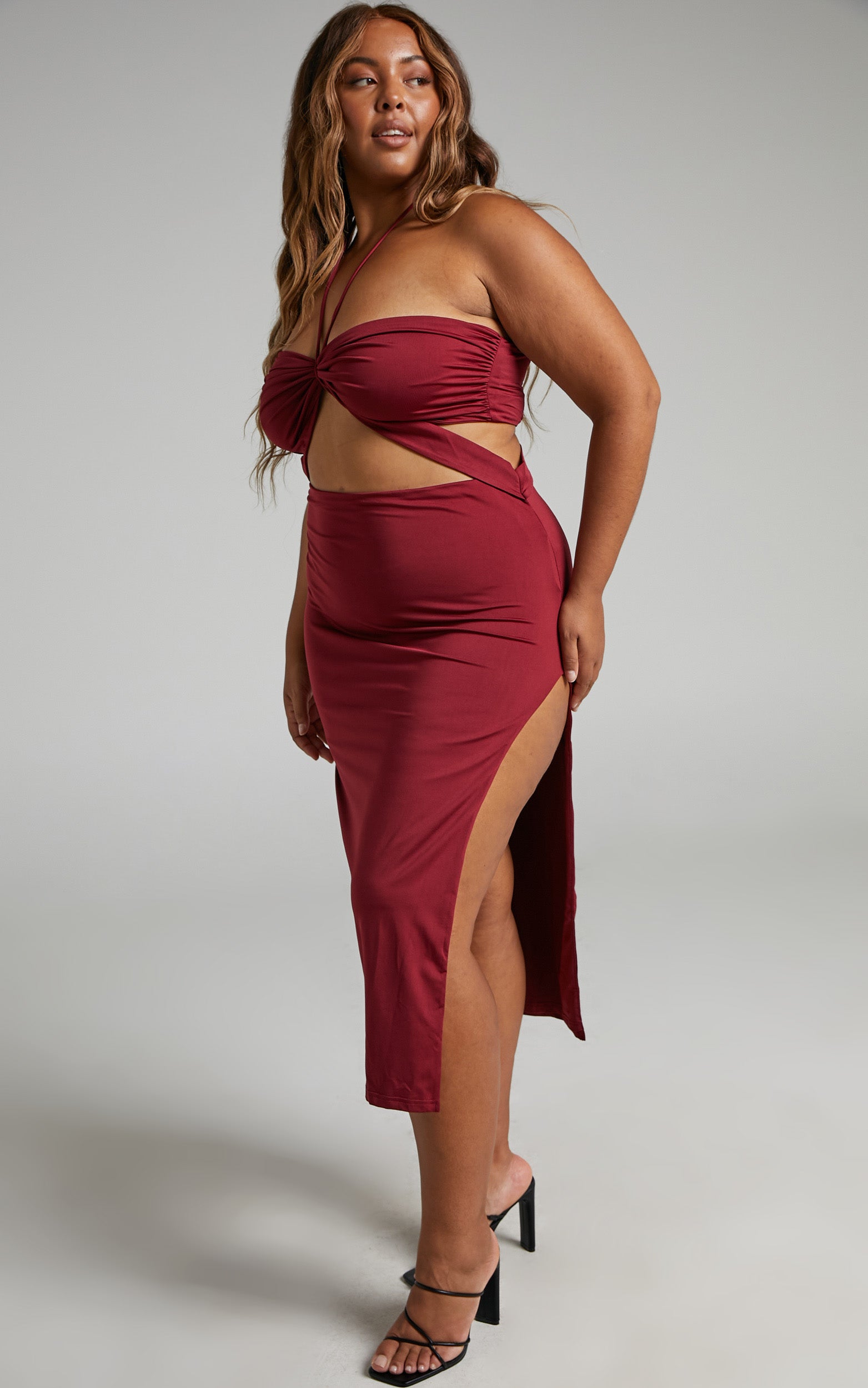 Enrica Halter Cut Out Side Split Midi Dress in Merlot