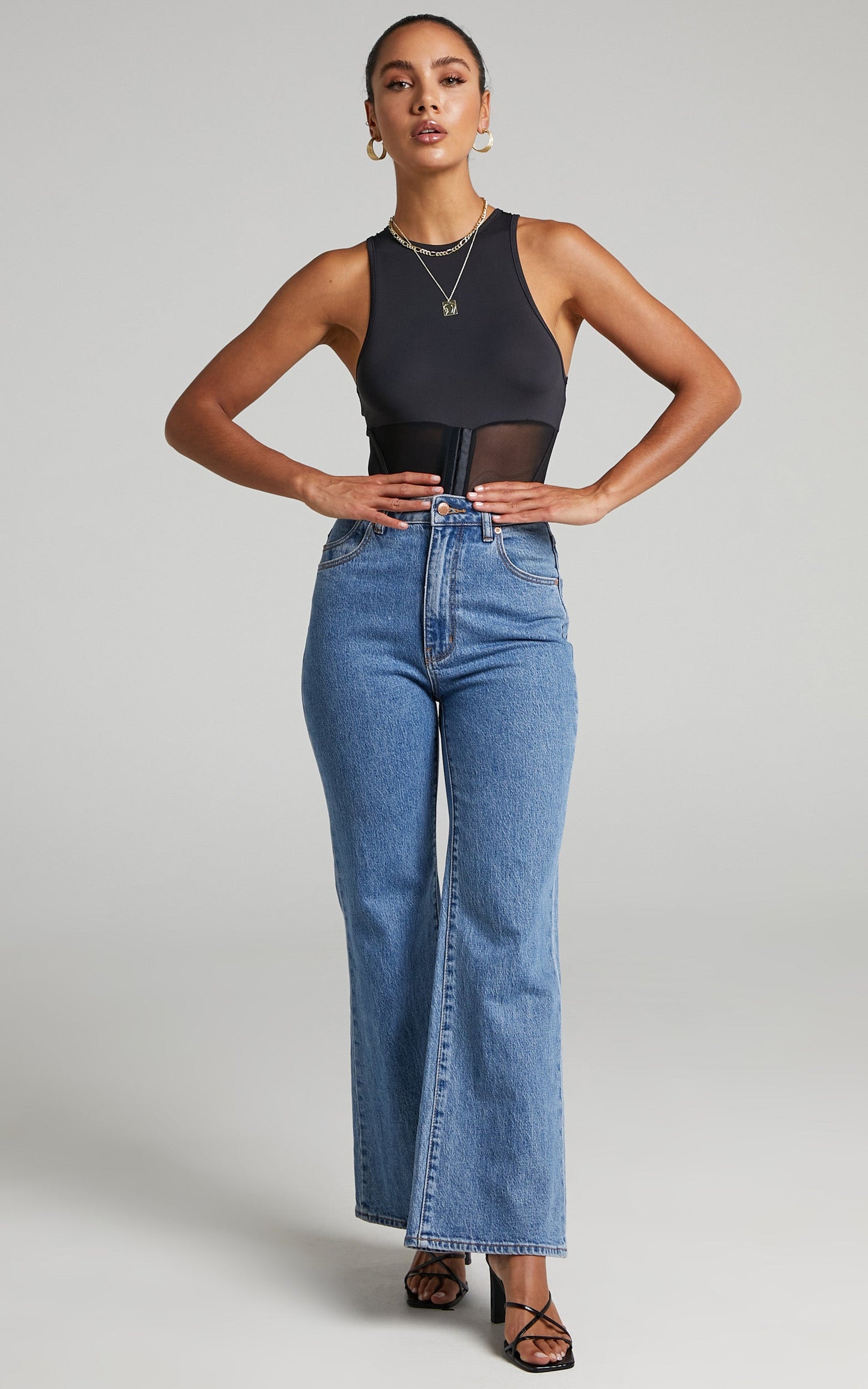 Erman Corset Waist Sleeveless Bodysuit in Black