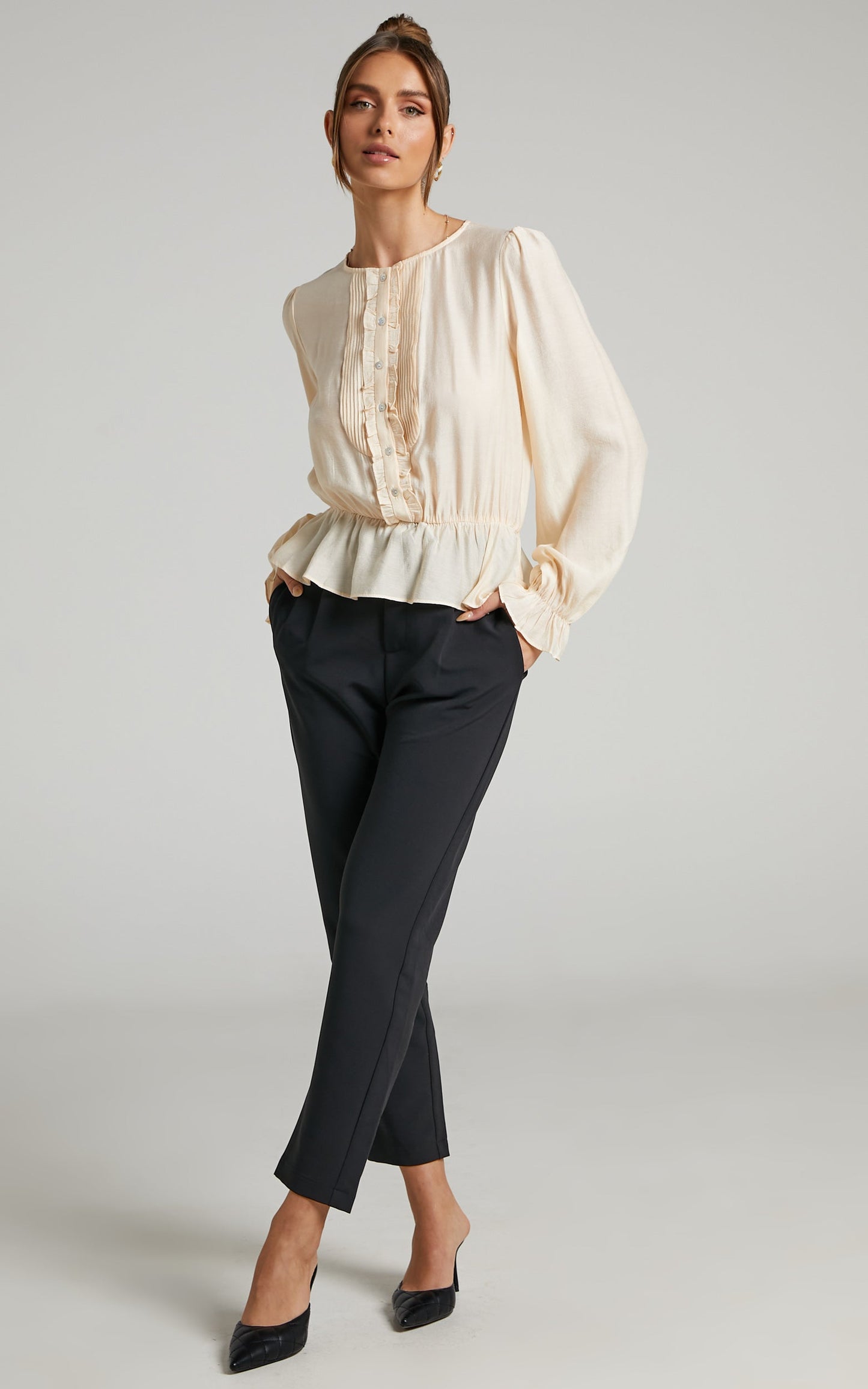 Ernita Pin Tuck Blouse with Peplum in Champagne