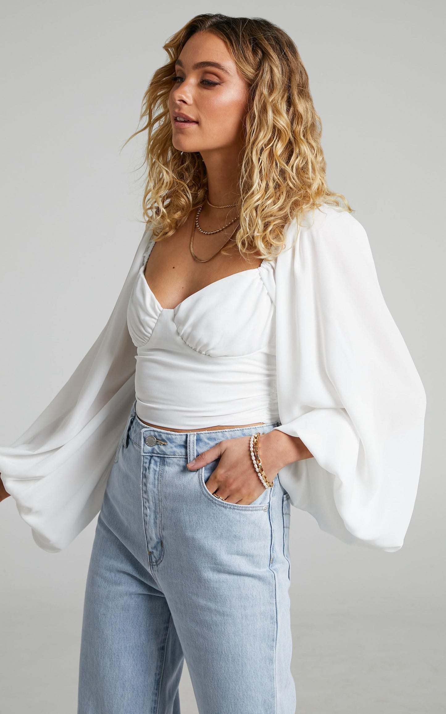 Follan Top - Long Sleeve Shirred Back Bustier Crop Top in White