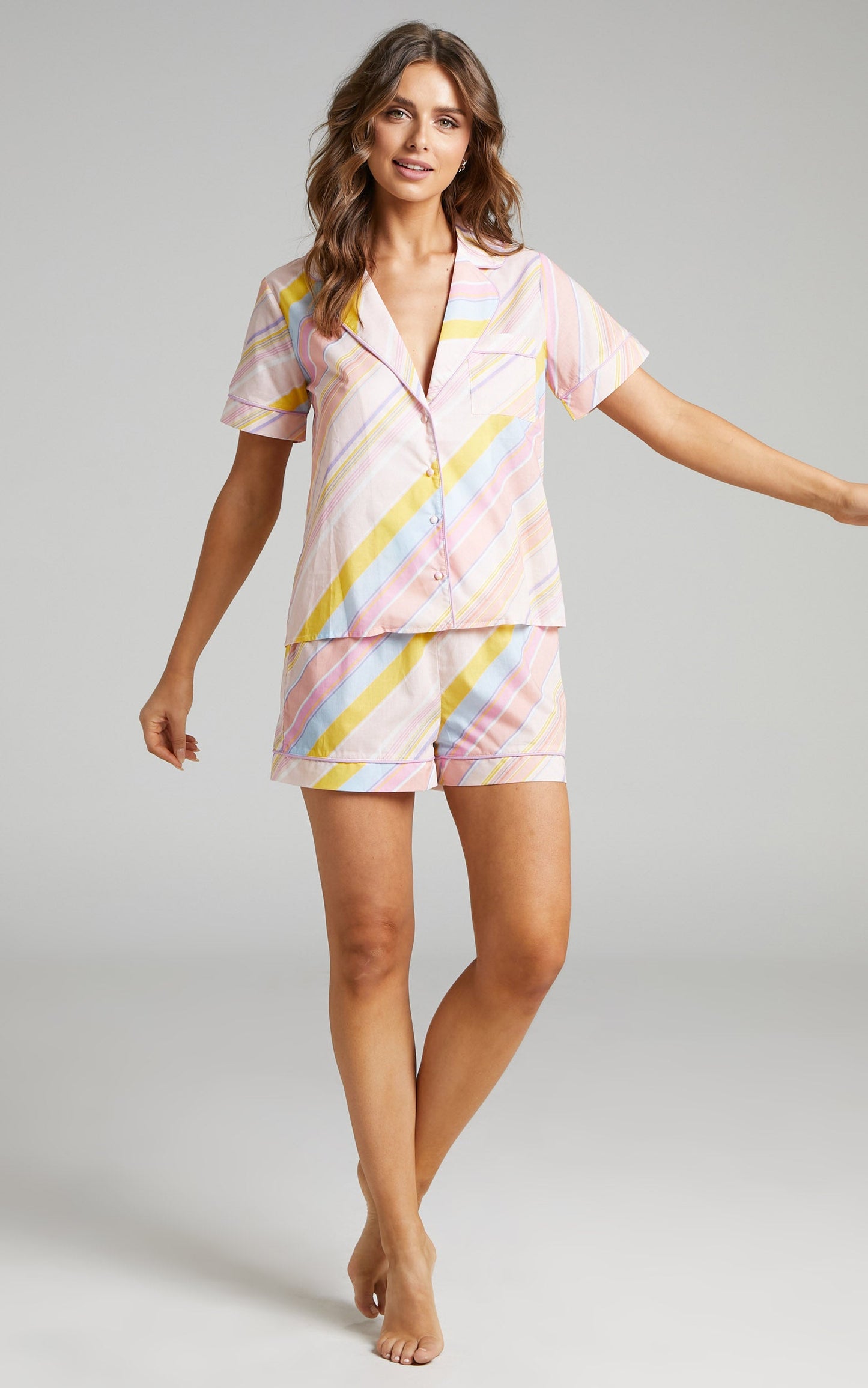 Freyda Cotton Voile Sleep Collared Shirt Two Piece Set in Multi