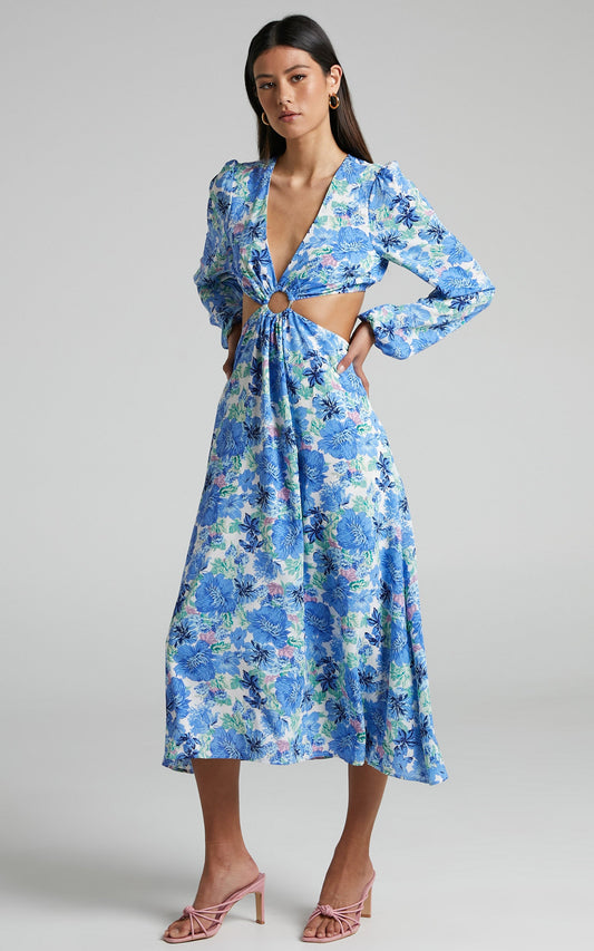 Geneve Ring Cut Out Long Sleeve Midi Dress in Geneve Blue Floral