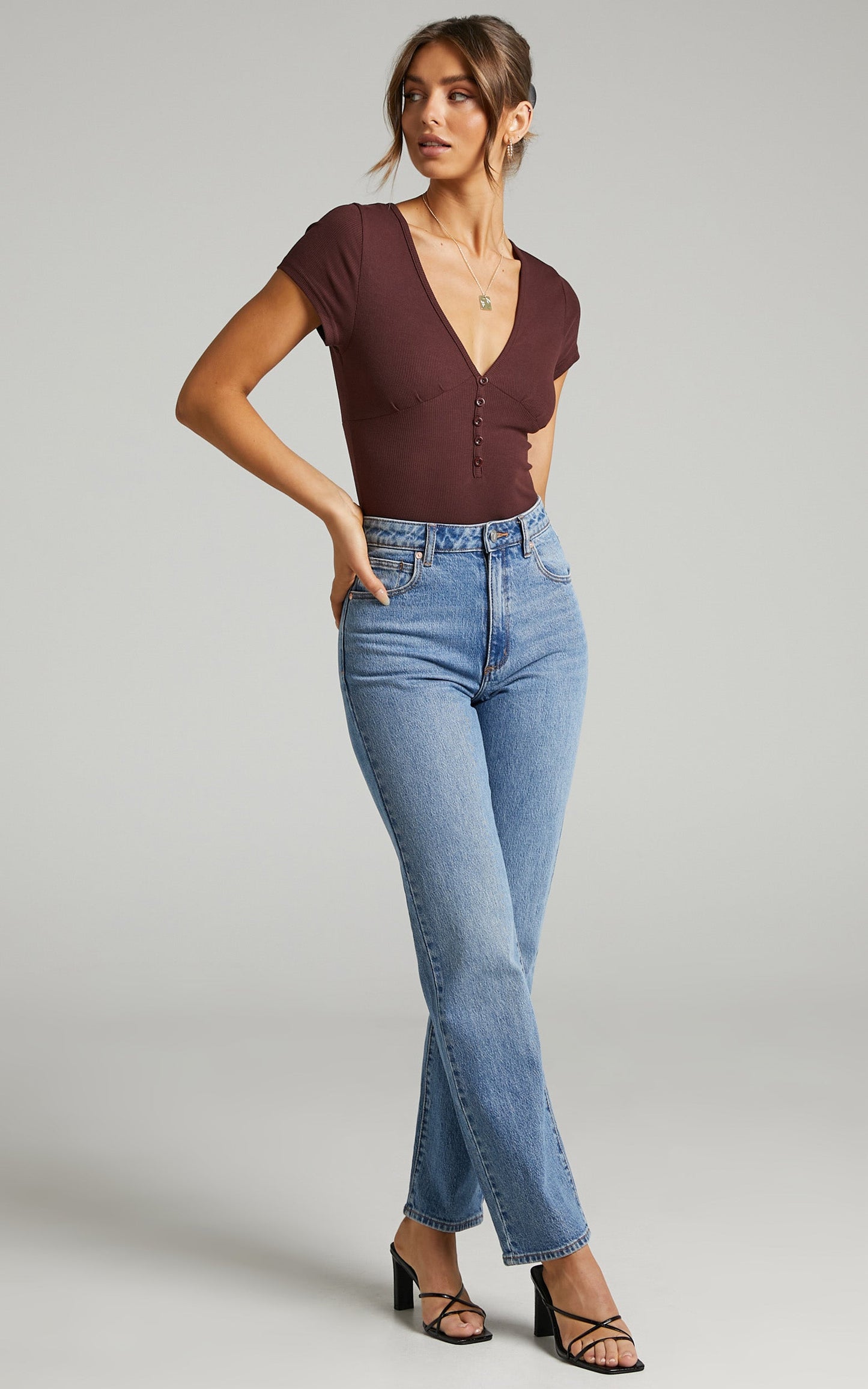Girl Next Door Short Sleeve Bodysuit in Rootbeer